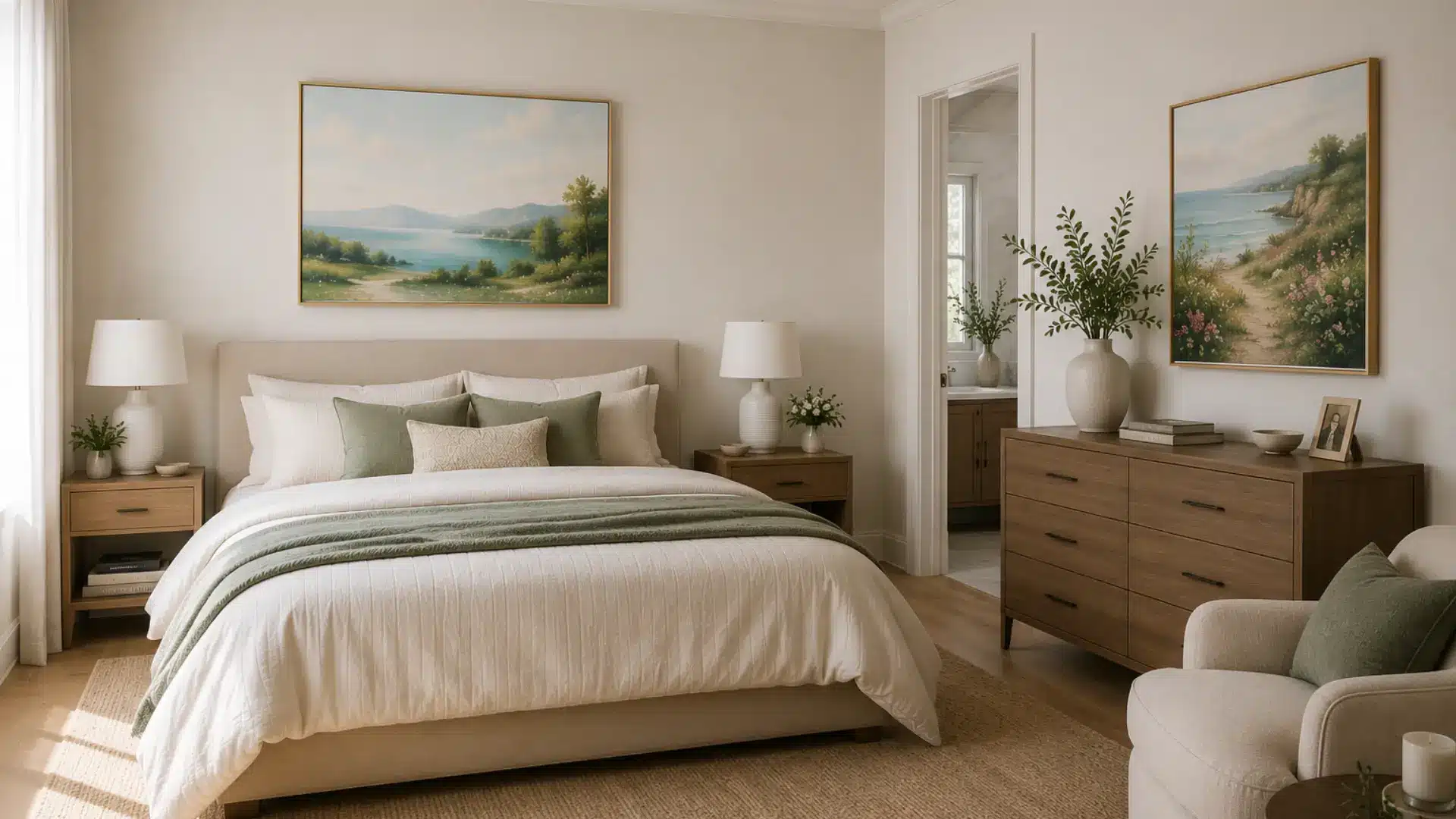 two framed landscape paintings hung above a bed headboard and a wood dresser, each in a thin gold frame