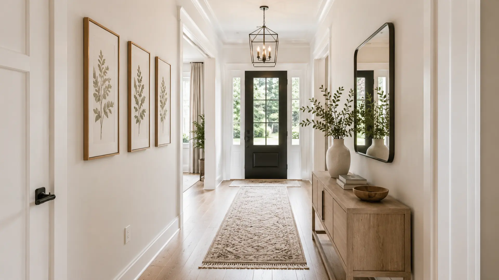 three framed botanical prints hung in a row along a hallway wall leading to a front door