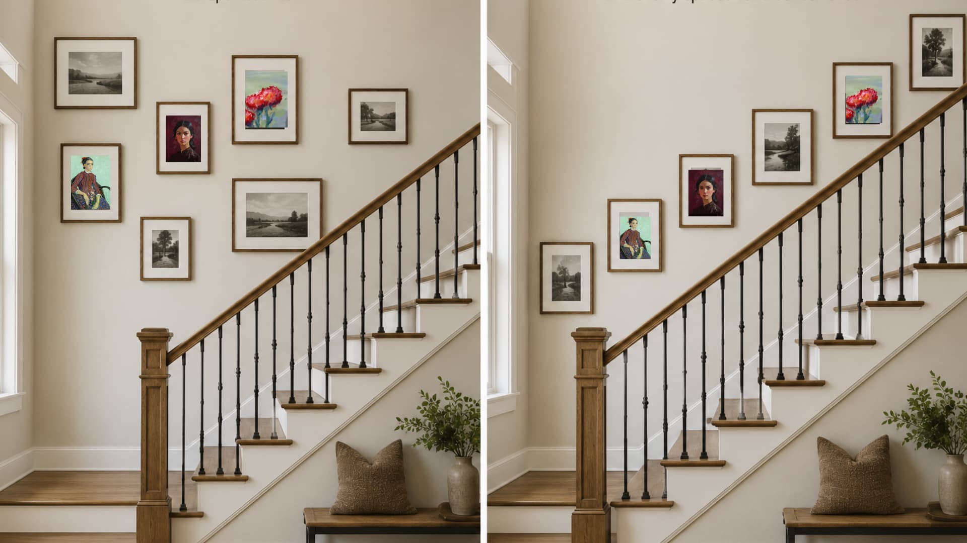 before and after comparison of framed art placed too high versus following the staircase incline