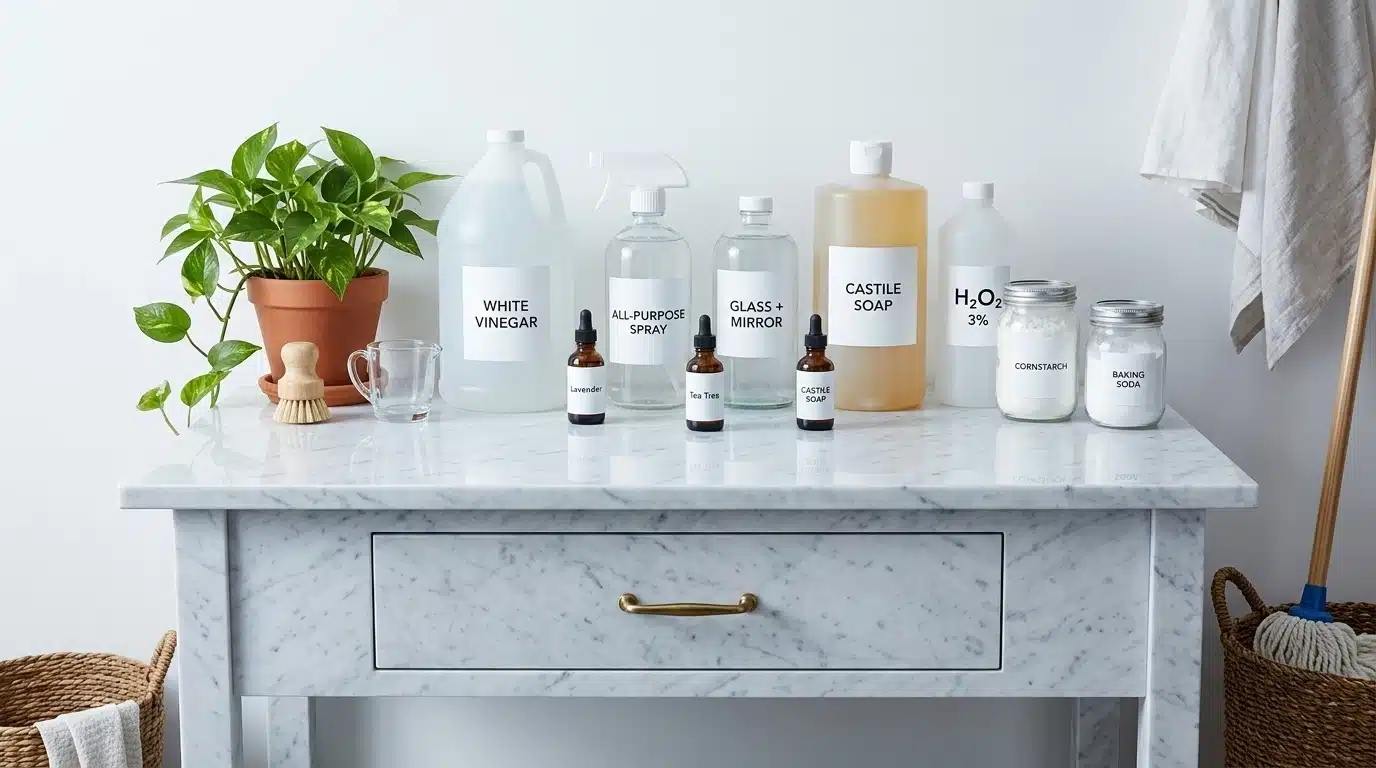 natural homemade cleaning supplies arranged on a countertop with vinegar castile soap and essential oils