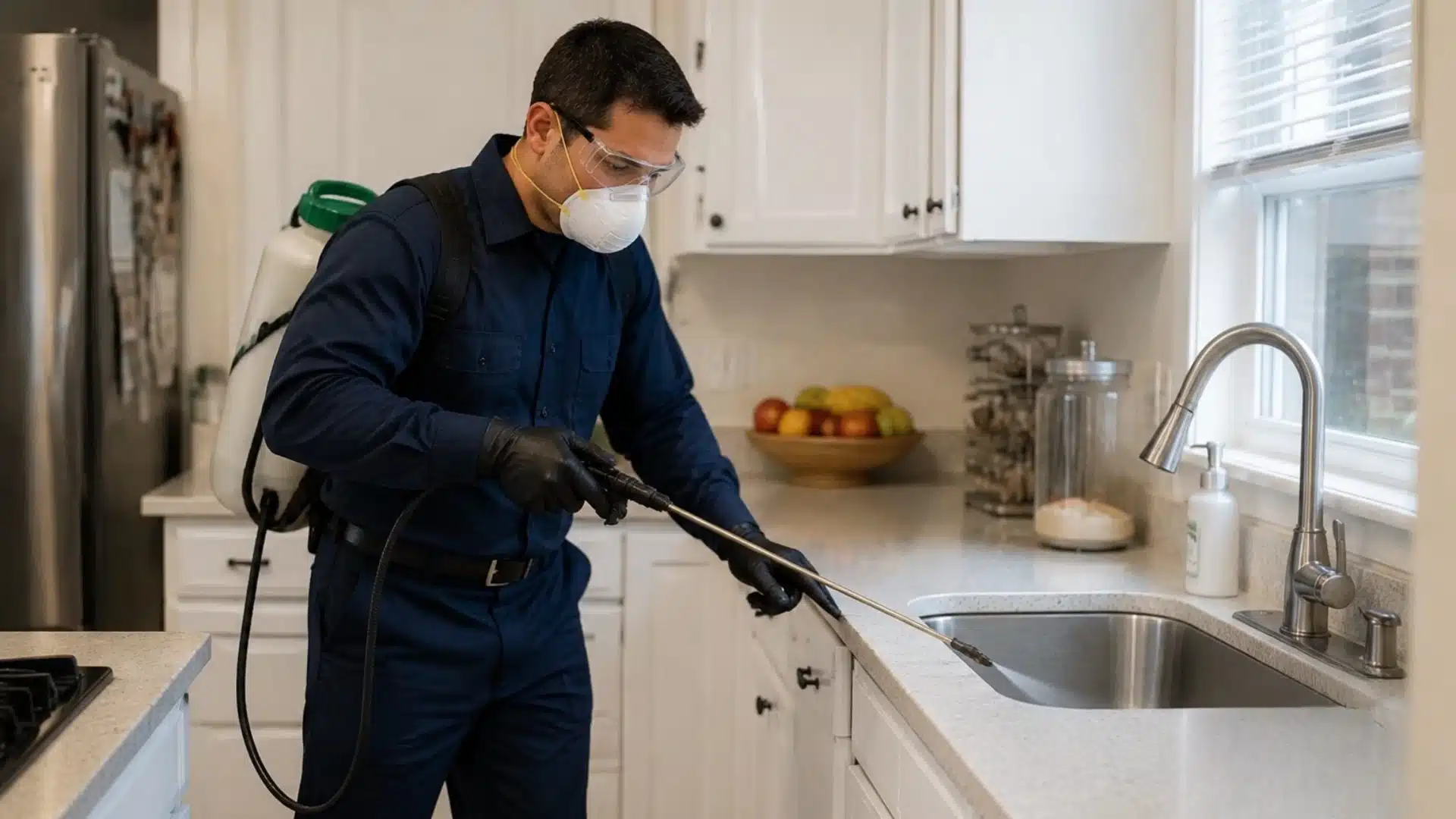 pest control professional spraying kitchen sink area in home kitchen with protective gear and fruit flies job