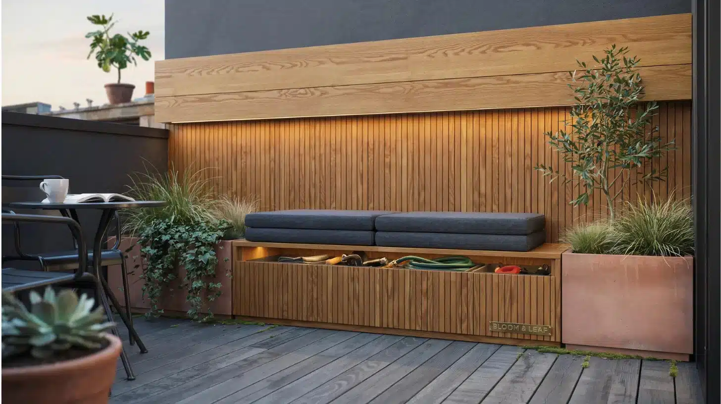 very small backyard storage bench with seating and plants