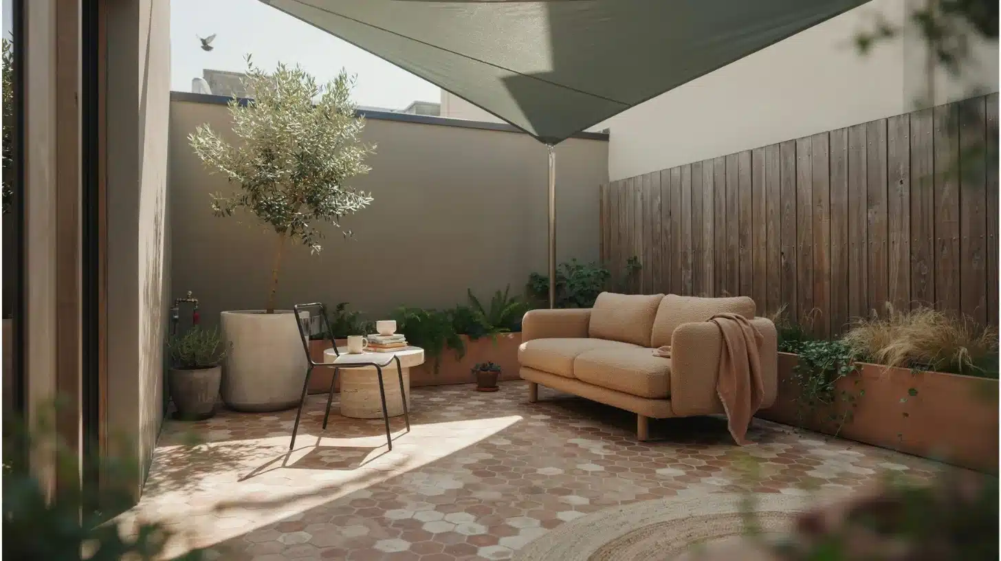 very small backyard with shade sail and compact seating