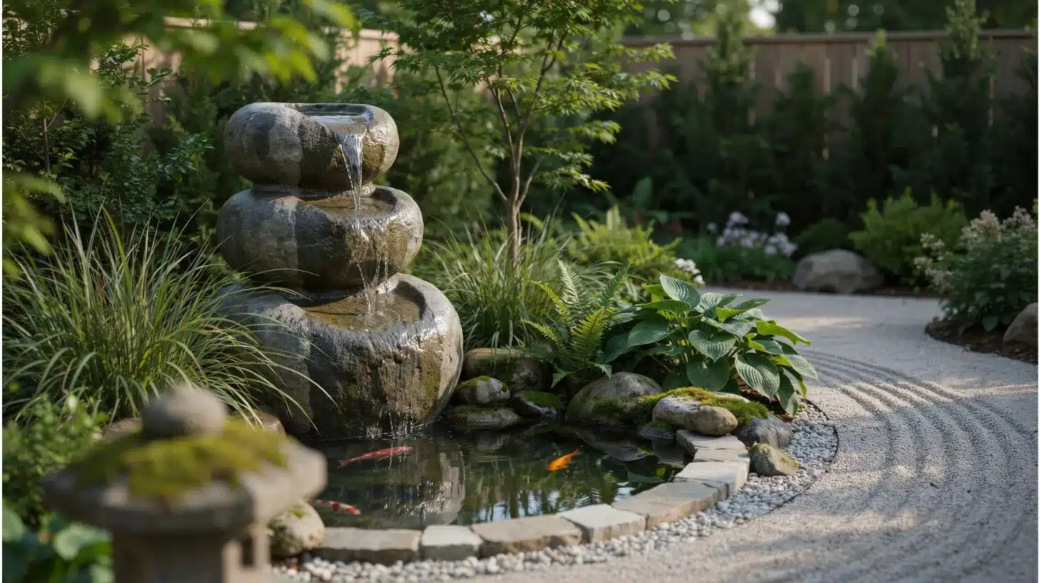 very small backyard corner with water fountain and plants