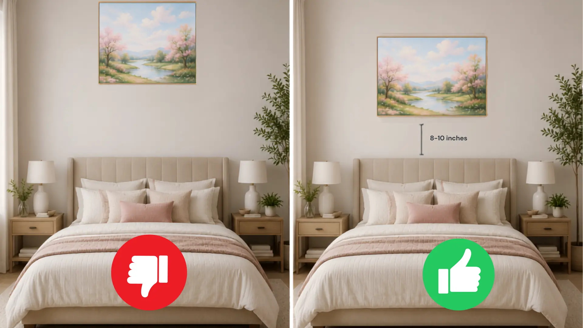 before and after comparison of art hung too high versus properly spaced eight to ten inches above a bed headboard