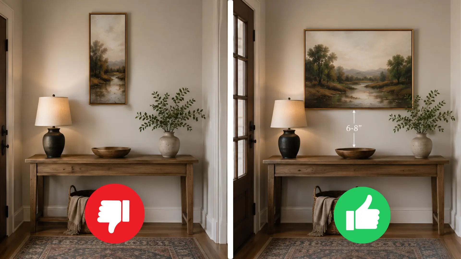 before and after comparison of art hung too small versus properly sized six to eight inches above a console table