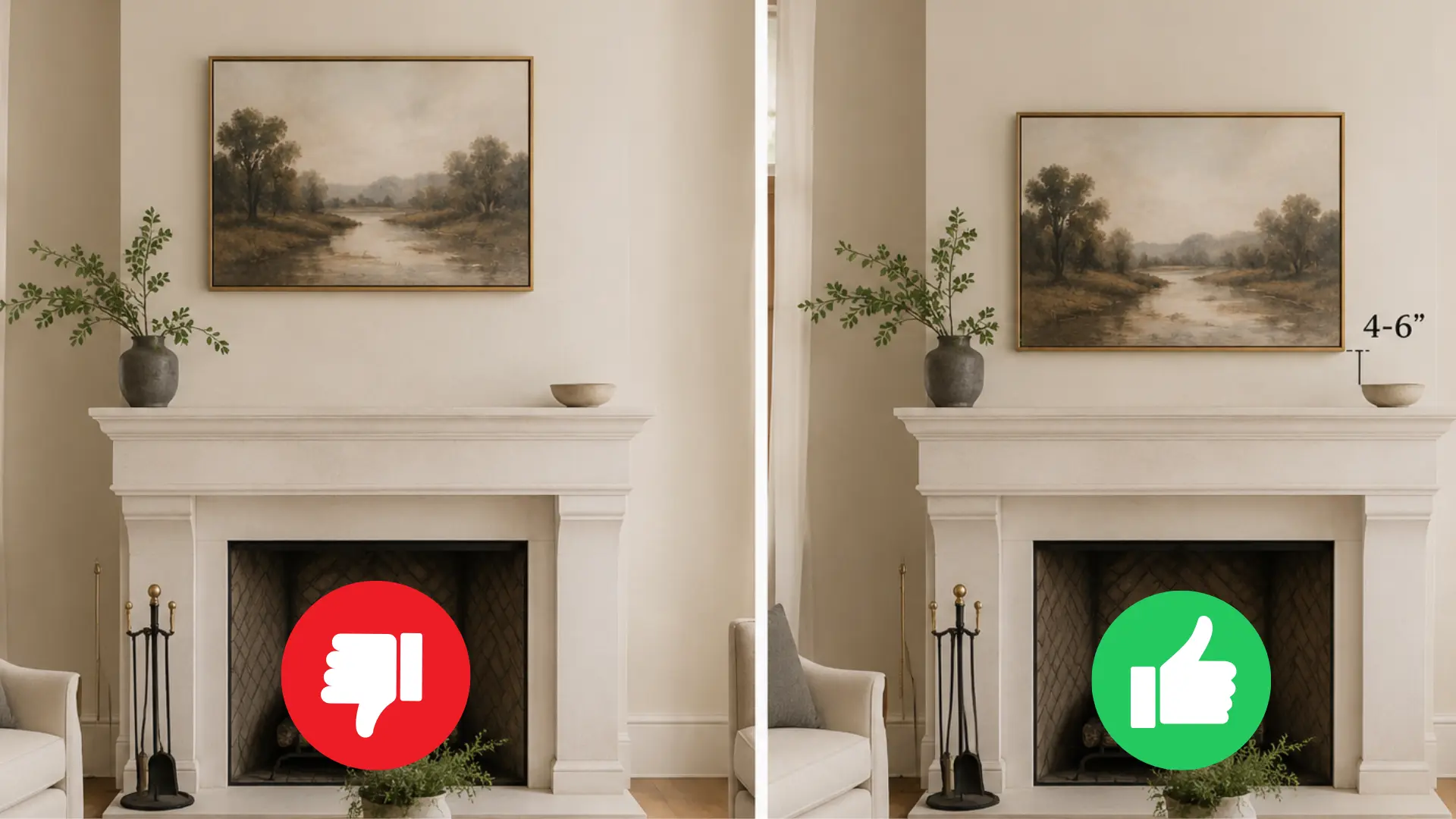 before and after comparison of art hung too high versus properly placed four to six inches above a fireplace mantel