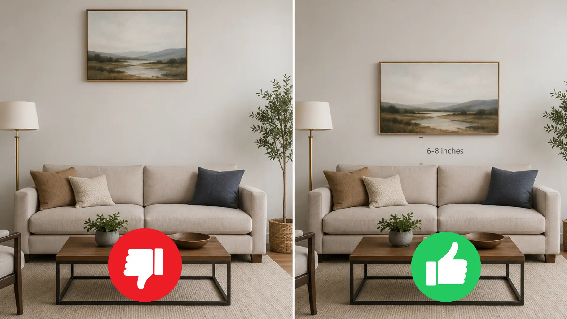 before and after comparison of art hung too small versus properly sized six to eight inches above a sofa with pillows