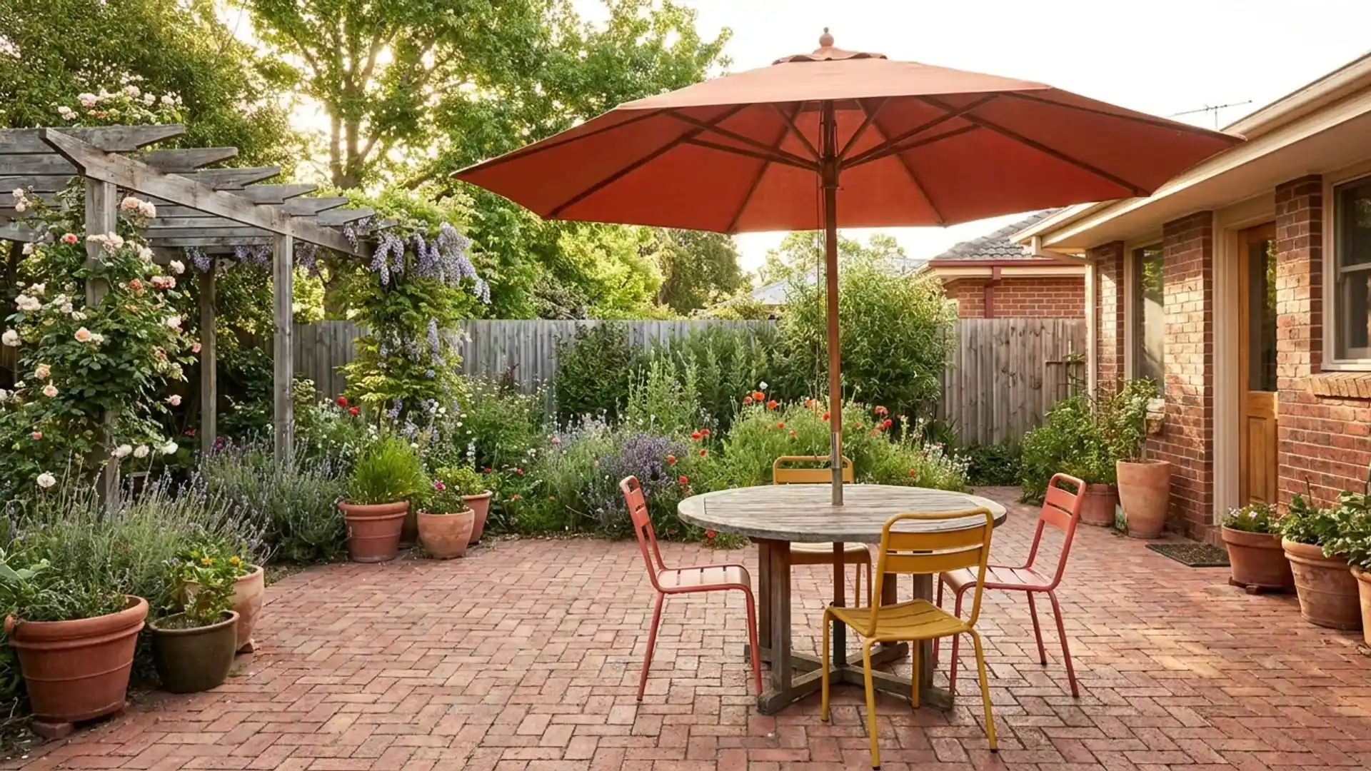 a cozy patio featuring colorful pillows and a wooden table surrounded by greenery and sunlight