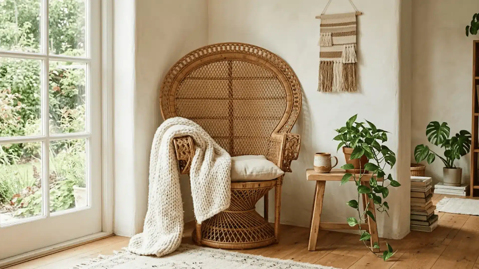 curved rattan peacock chair with knit throw in a bright boho living room corner