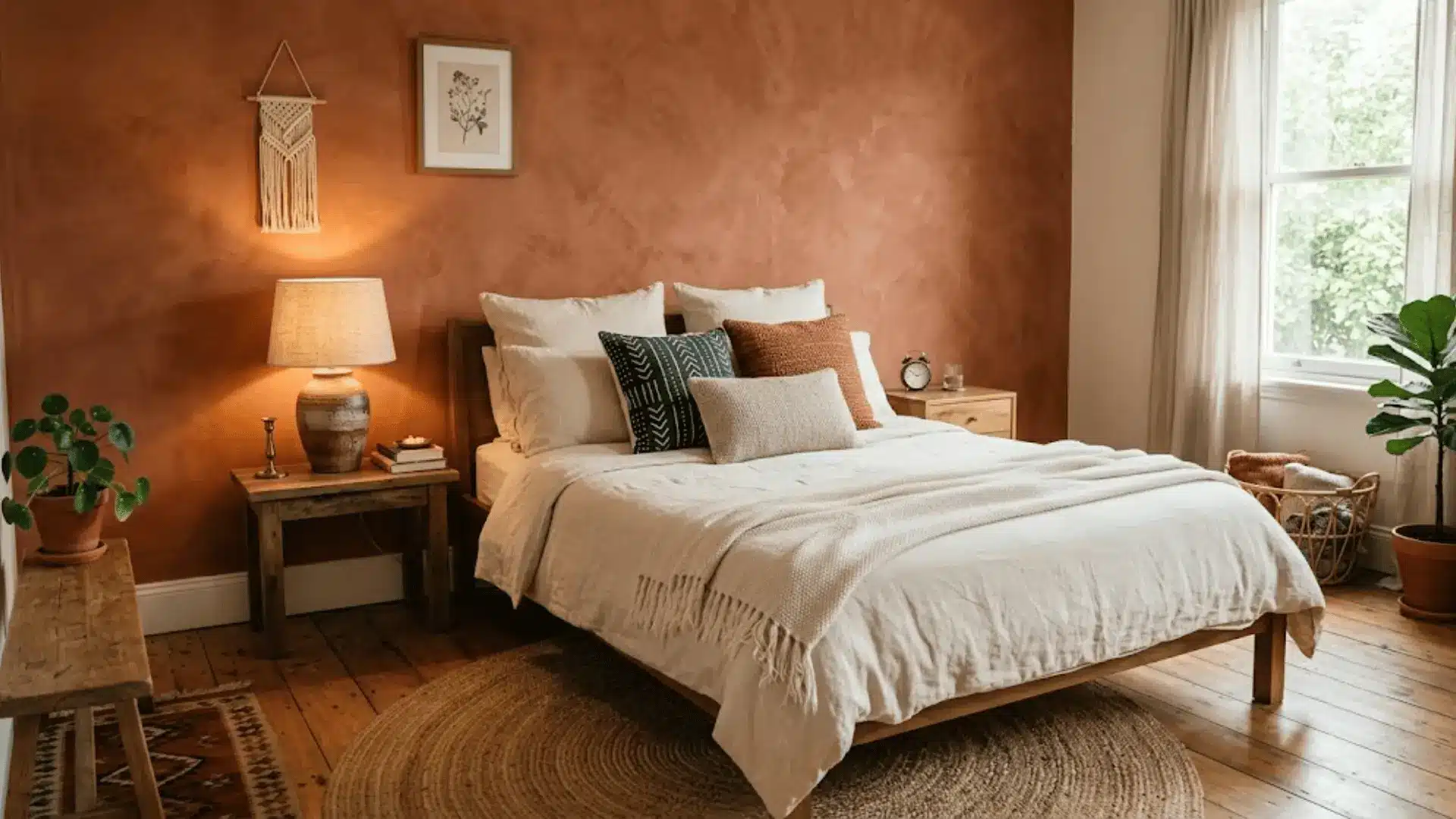 terracotta limewash accent wall behind a linen bed in a textured boho bedroom