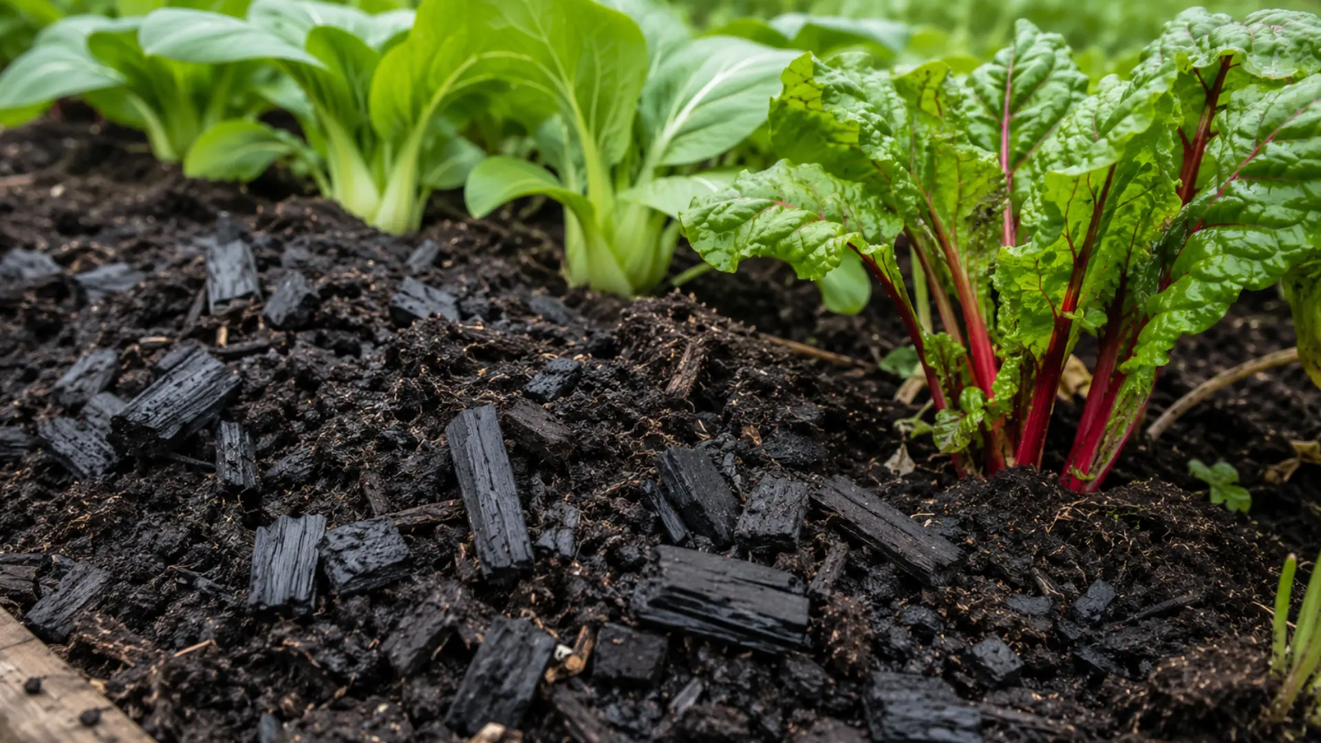 biochar pieces mixed into dark garden soil beside bok choy and red-stemmed swiss chard in a vegetable bed