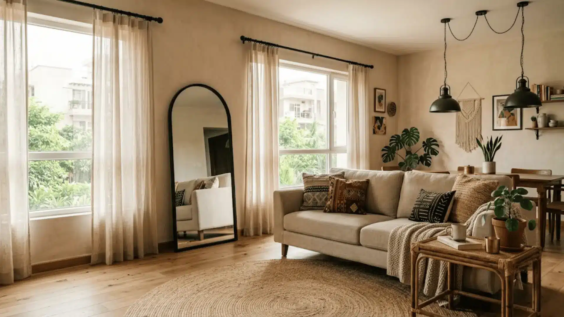 modern boho living room with matte black curtain rod, arched mirror, and metal pendants against warm neutrals
