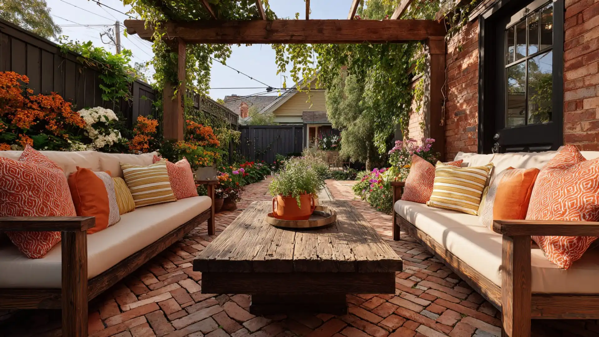 a brick patio featuring a wooden table and a comfortable couch for outdoor relaxation and dining.