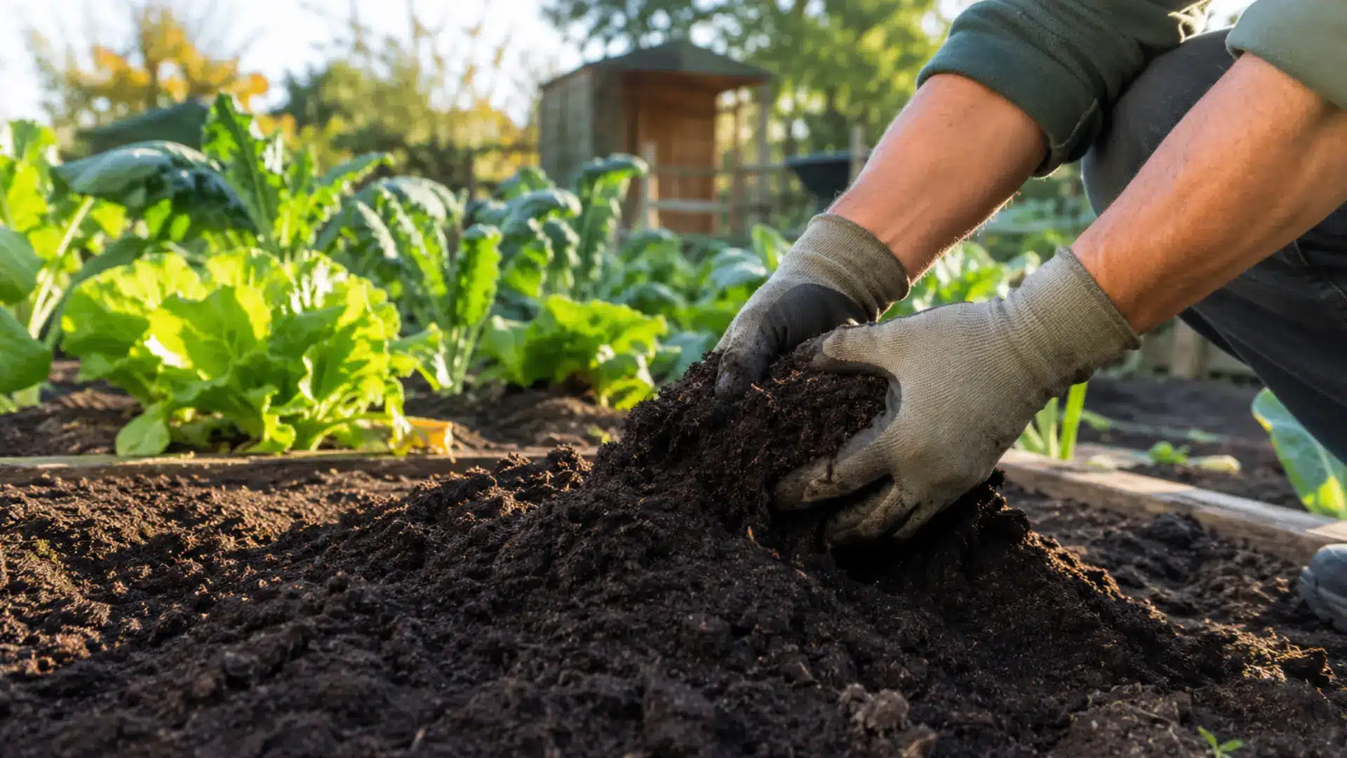gardener in gloves spreading dark compost over a raised garden bed with leafy green vegetables growing nearby