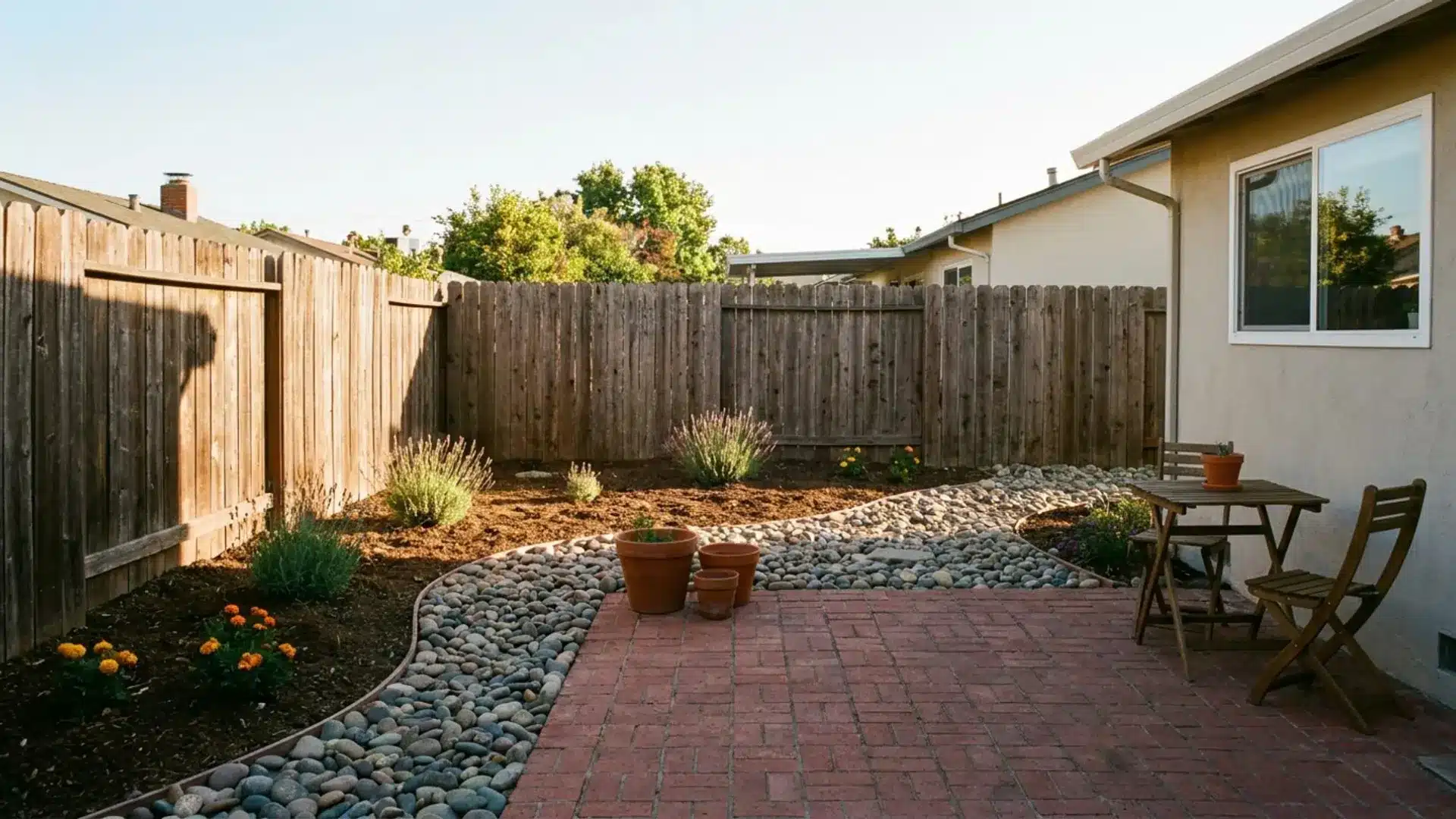 backyard scene featuring a wooden fence and a cozy patio area with outdoor furniture and greenery.
