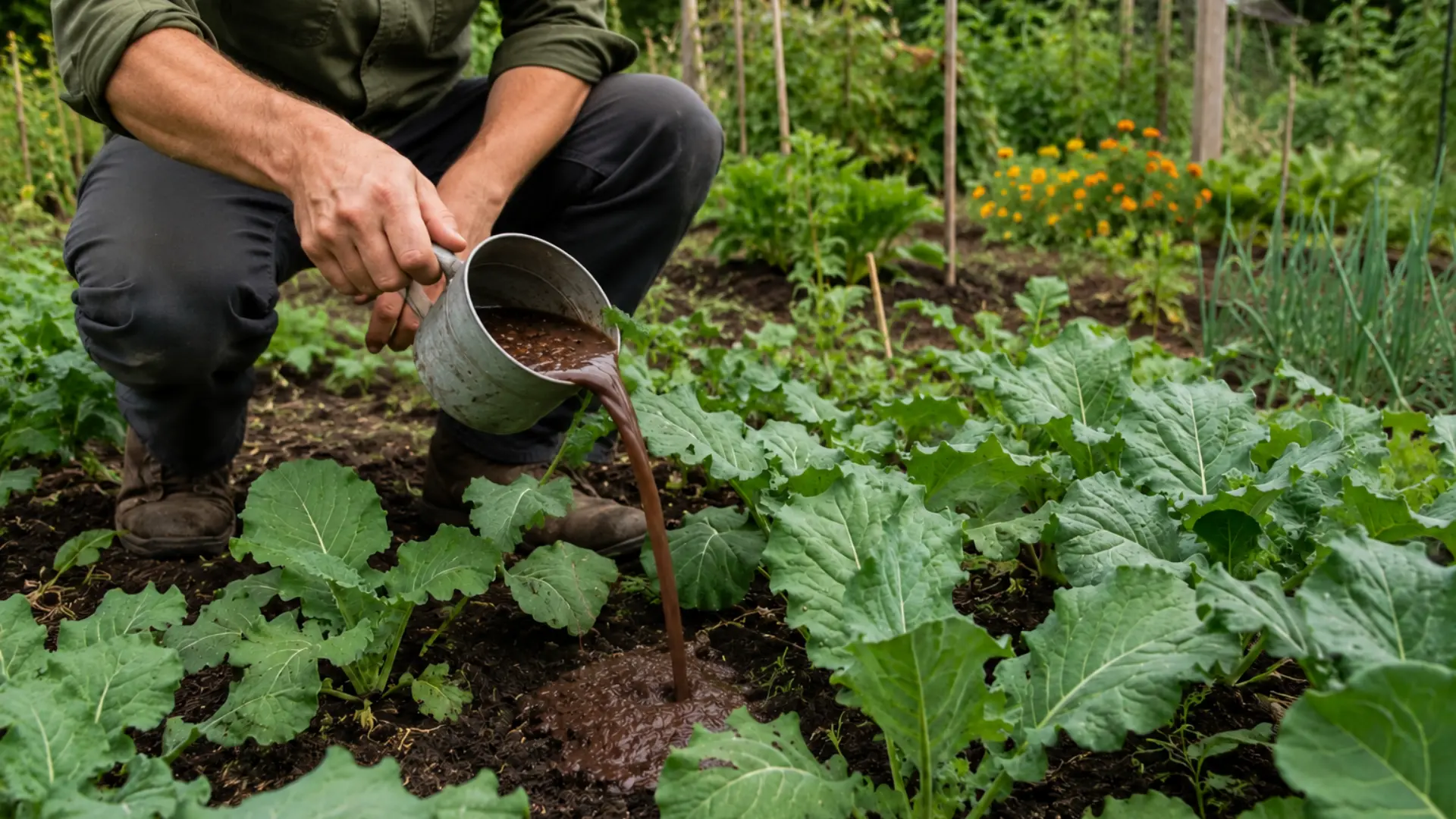 fish emulsion liquid being poured from a metal cup onto soil around kale plants in a vegetable garden