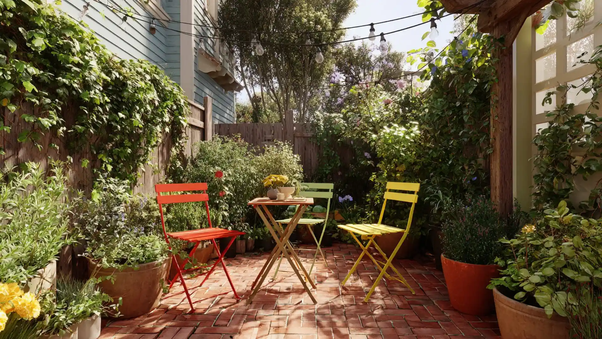 a lively patio scene showcasing various colorful chairs and tables, perfect for enjoying the outdoors.
