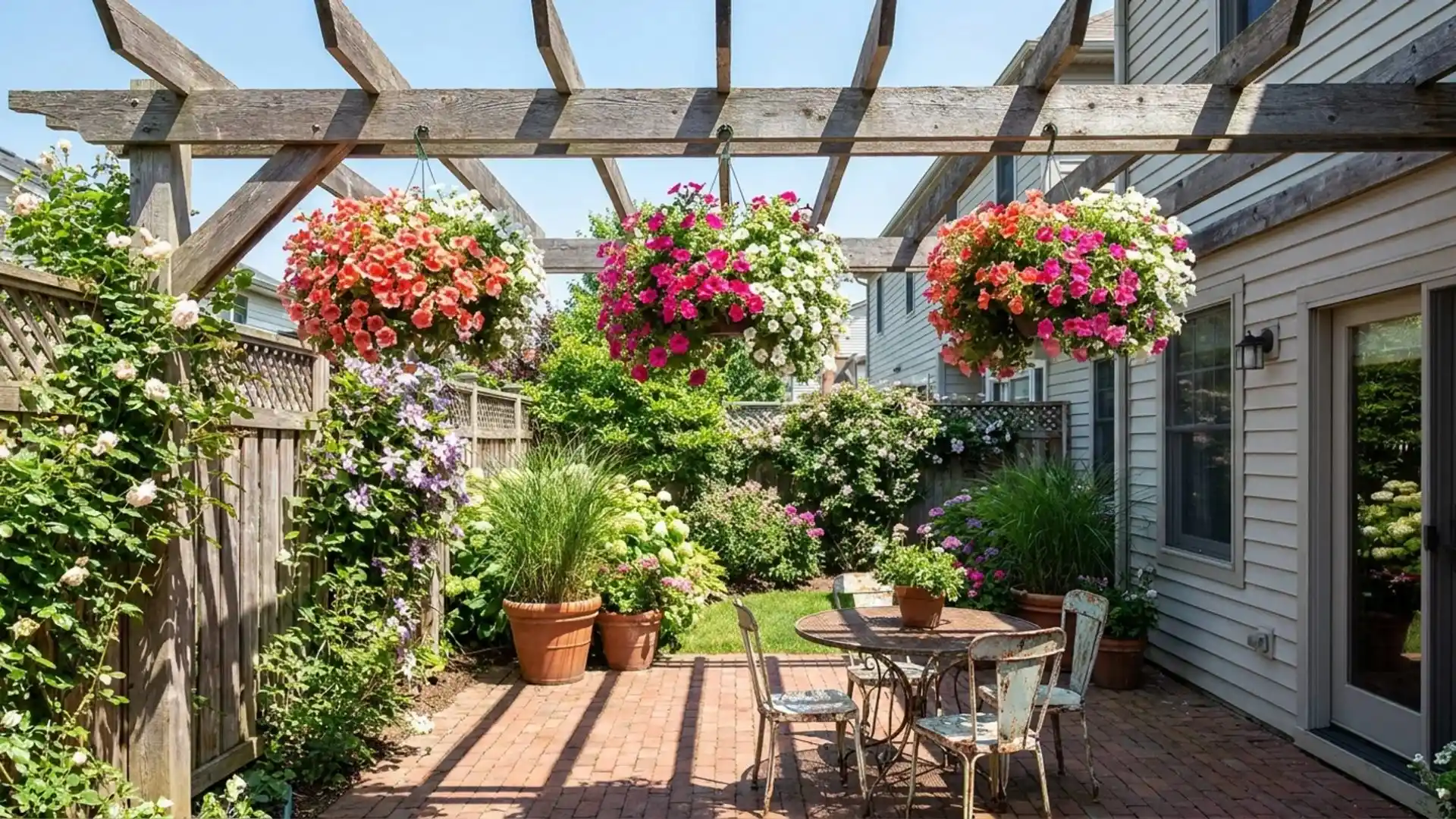 a cozy patio adorned with vibrant hanging baskets and blooming flowers, creating a welcoming outdoor space.