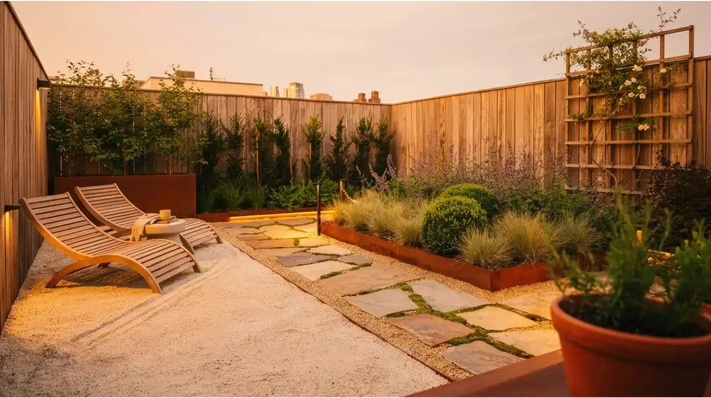 very small backyard with edged zones, gravel, garden beds, and lighting