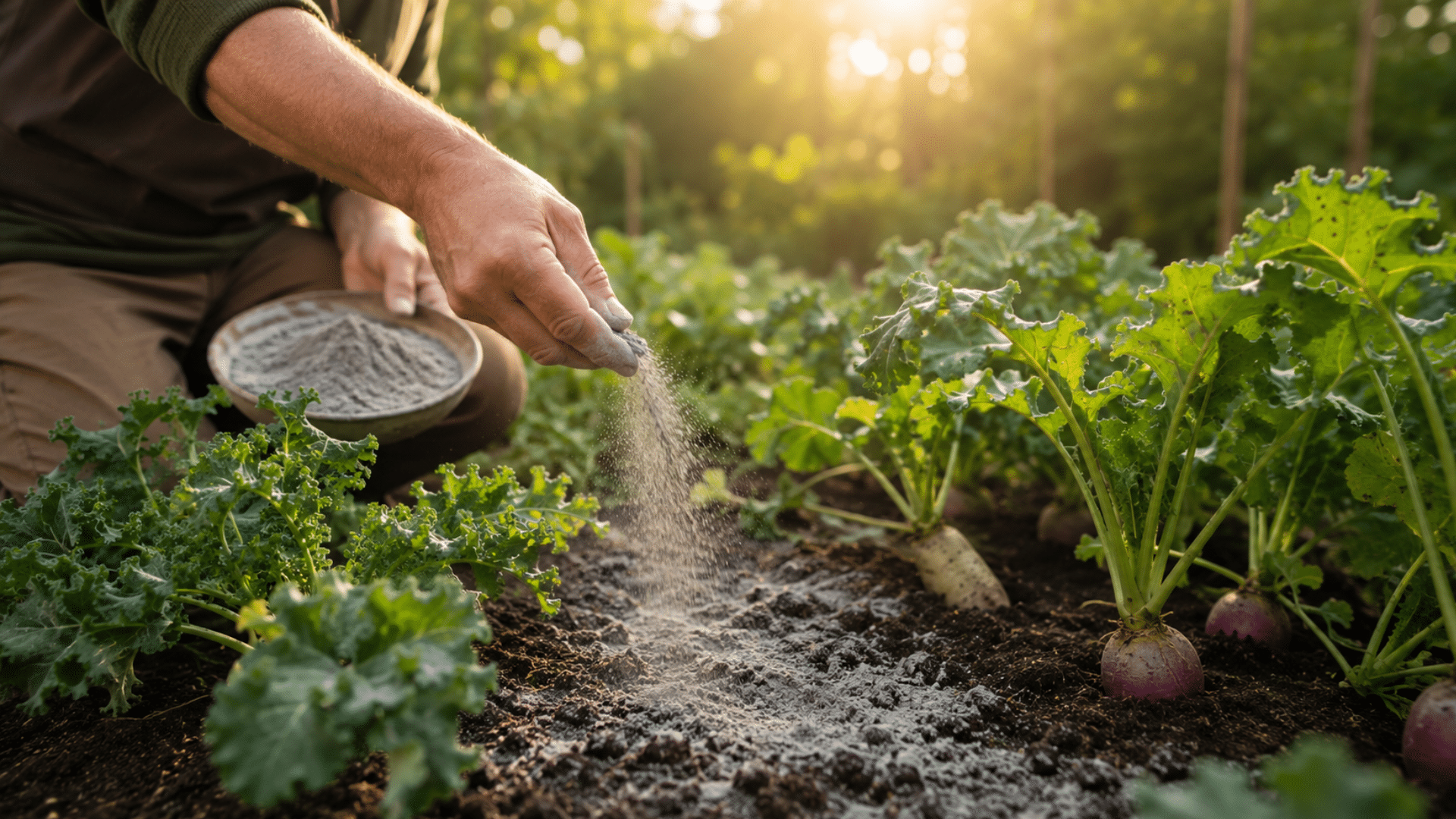`gardener sprinkling rock dust over kale and turnips in a vegetable garden bed at golden hour`