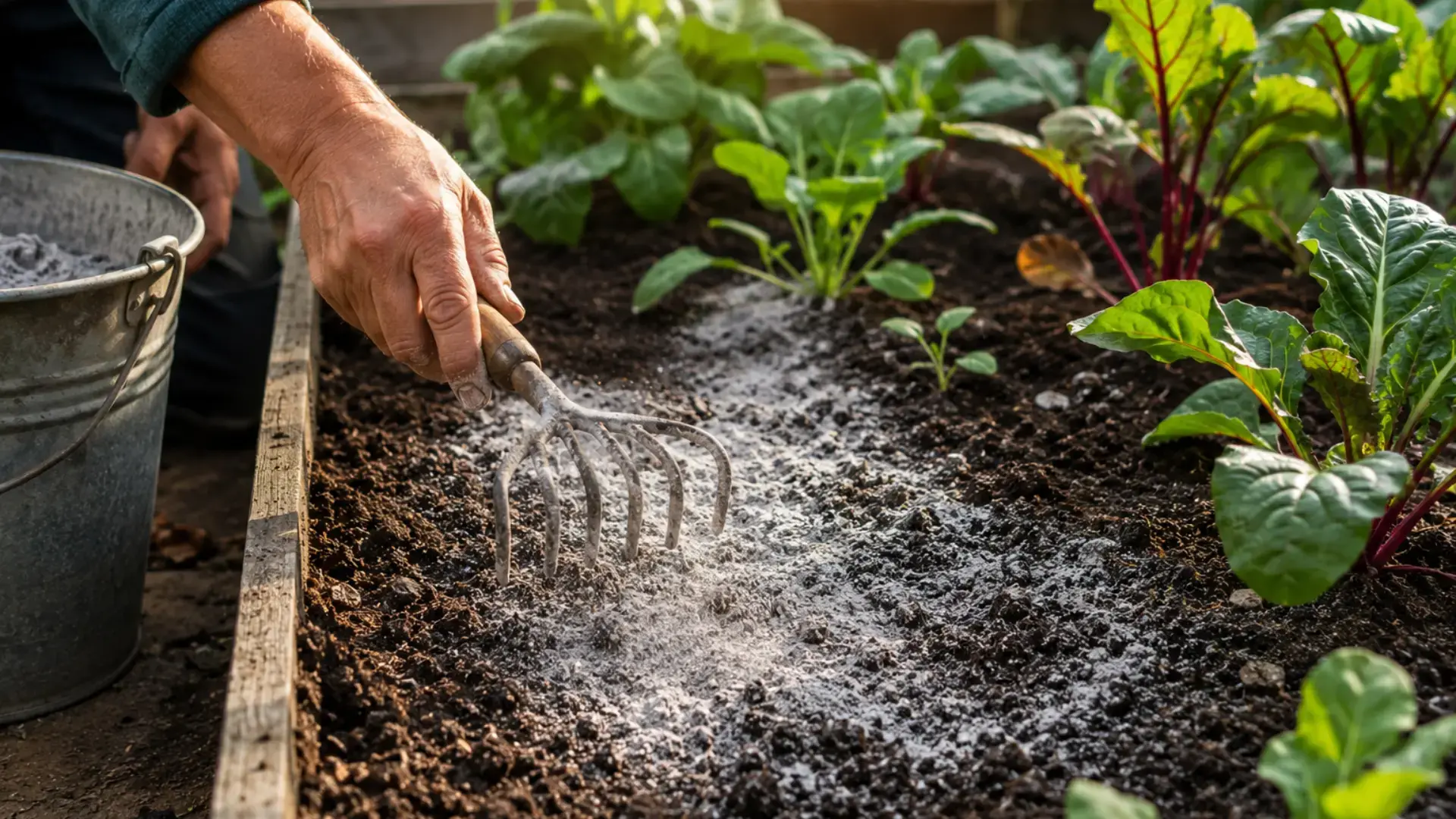 wood ash being raked into a raised garden bed with beetroot and leafy vegetable plants growing alongside