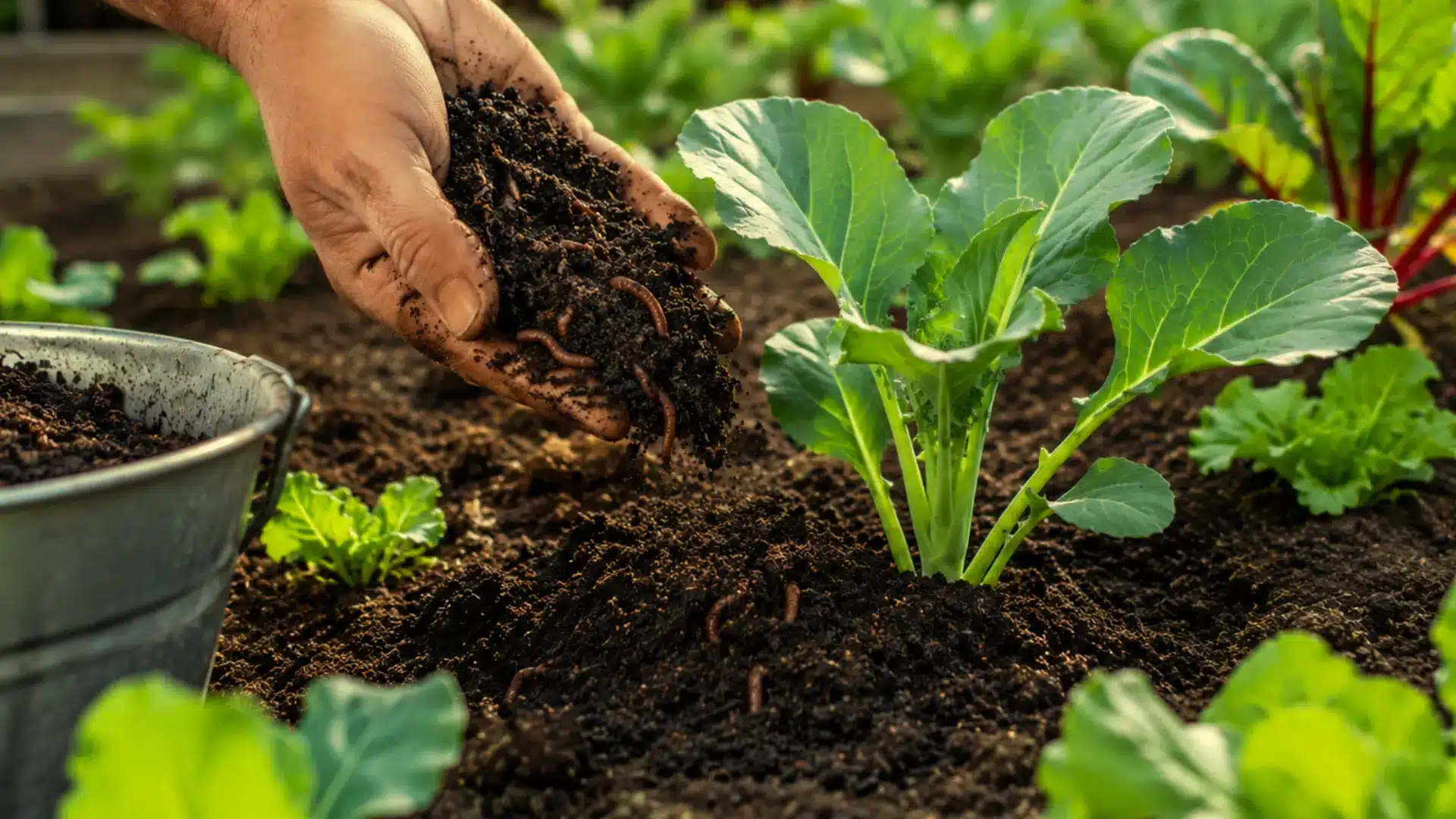 worm castings with earthworms being added to dark soil around a cabbage plant in a vegetable garden
