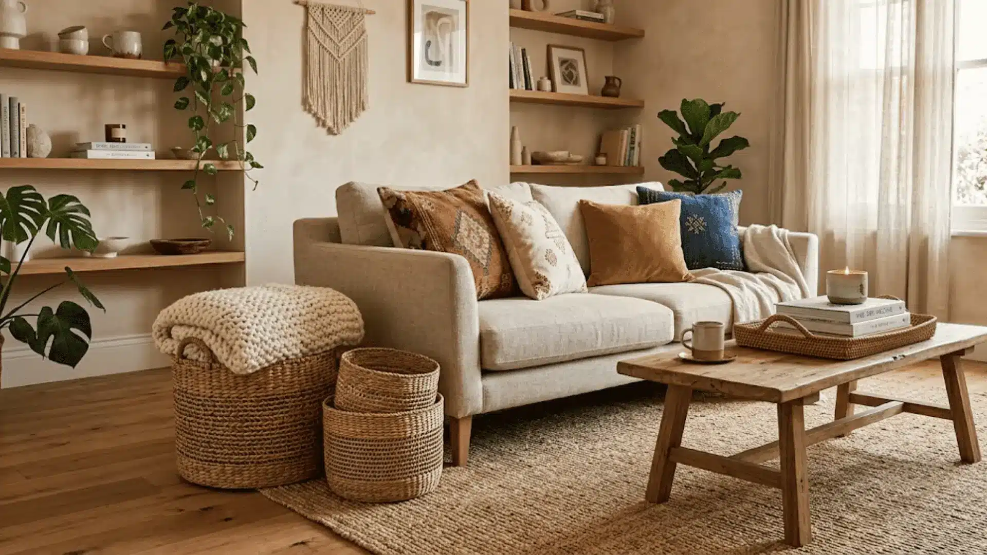 woven seagrass baskets in varying sizes styled beside a linen sofa in a boho living room