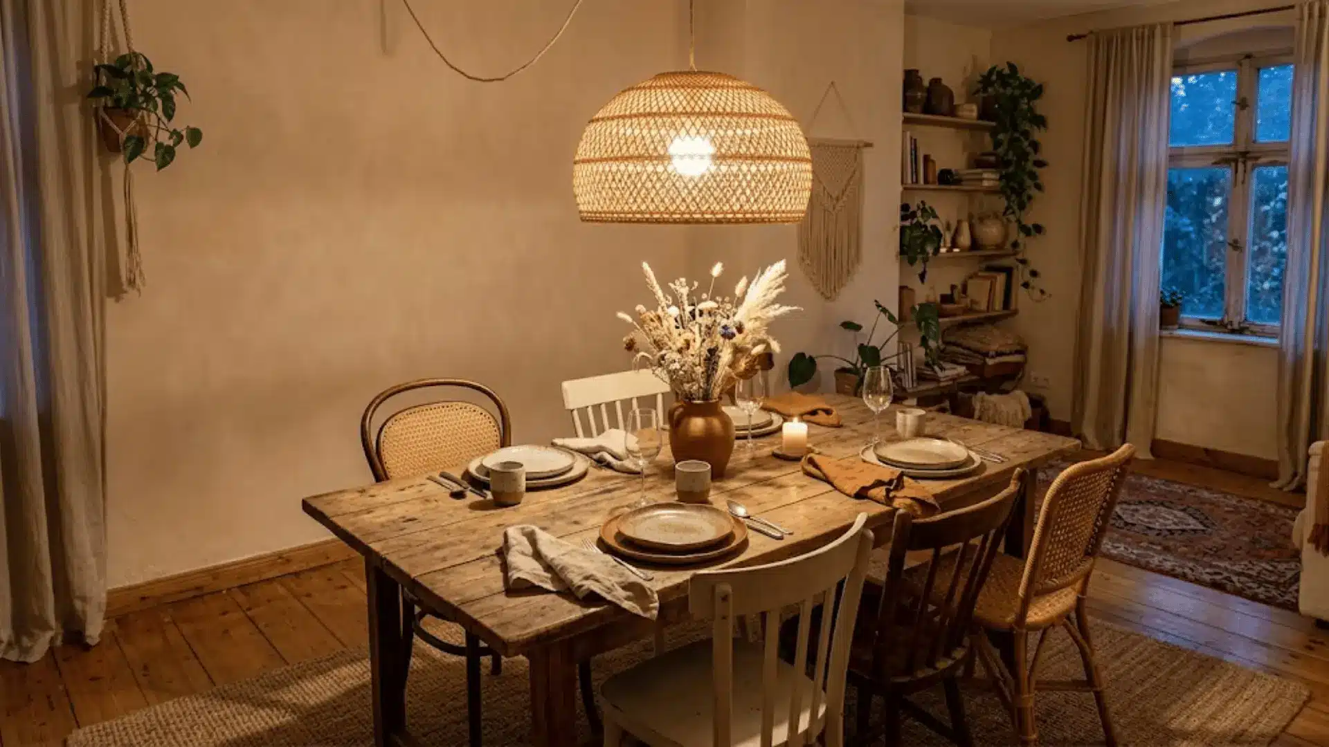large rattan pendant light above a reclaimed wood dining table set with handmade ceramics and linen