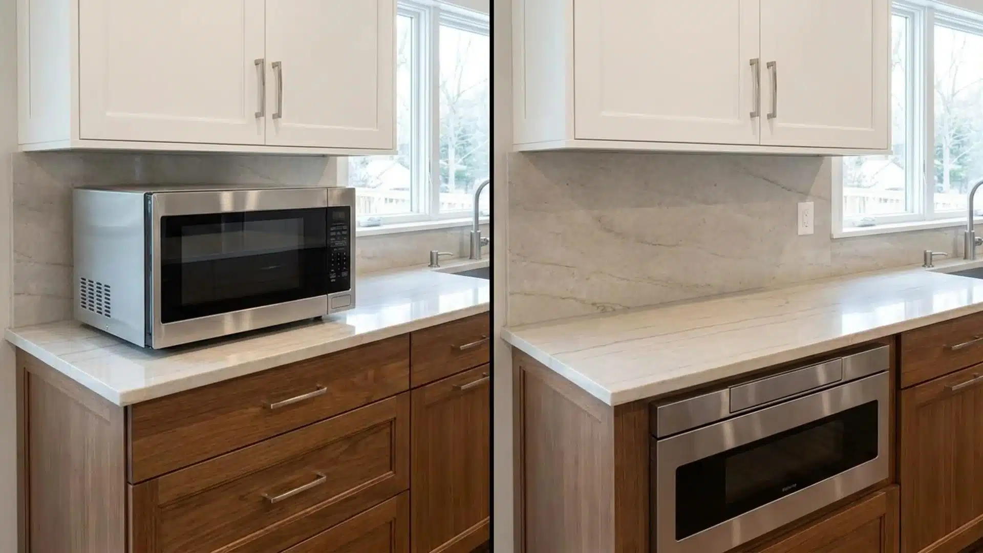 before and after kitchen counter showing countertop microwave replaced with a built-in stainless steel drawer microwave