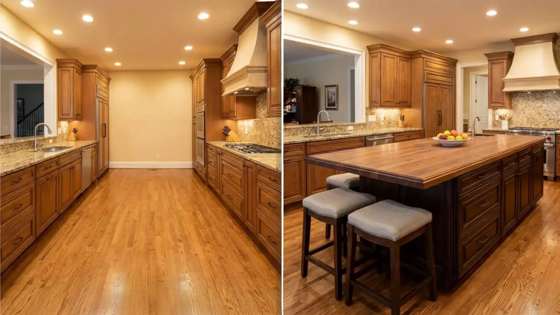 before and after of empty galley kitchen transformed with a large wood top island and seating