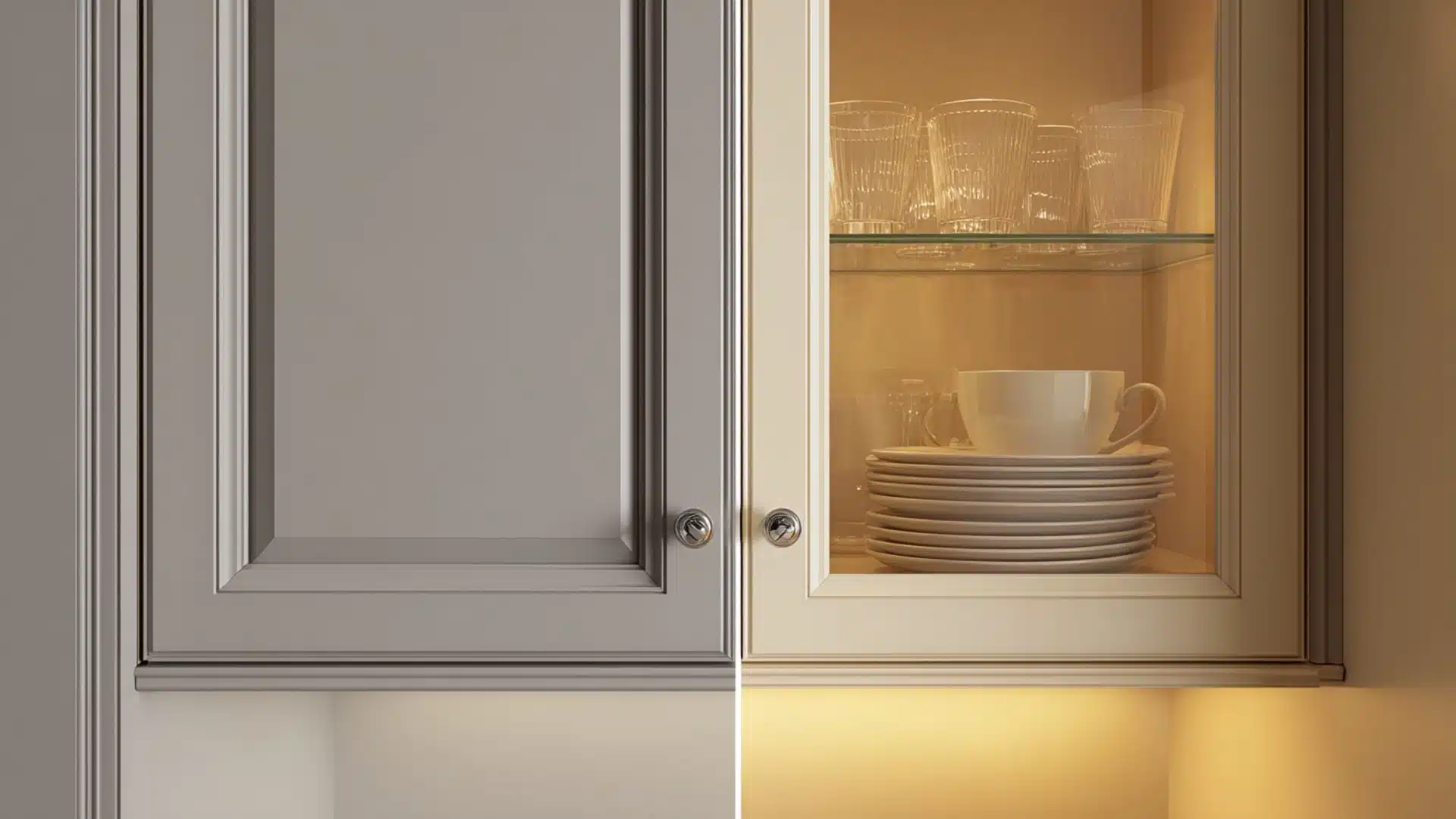 before and after cabinet door showing solid panel swapped for a glass insert with lit interior shelf
