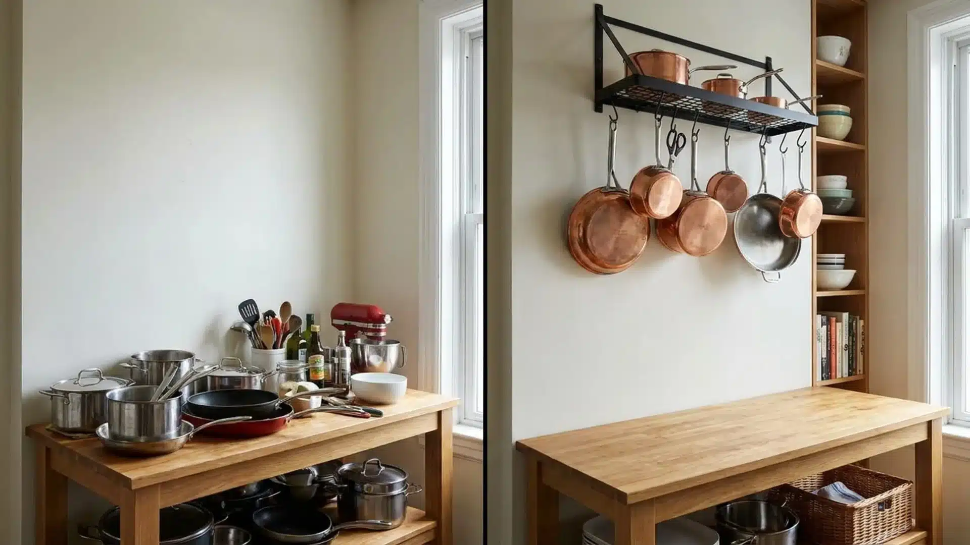 before and after kitchen counter showing cluttered pots and tools replaced with hanging pot rack (