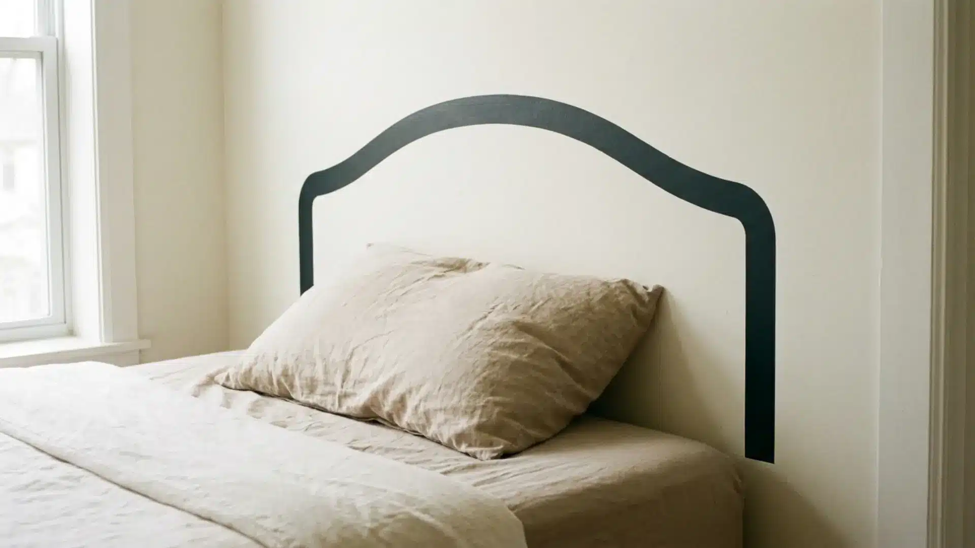 adhesive wall decal headboard behind a bed with neutral bedding