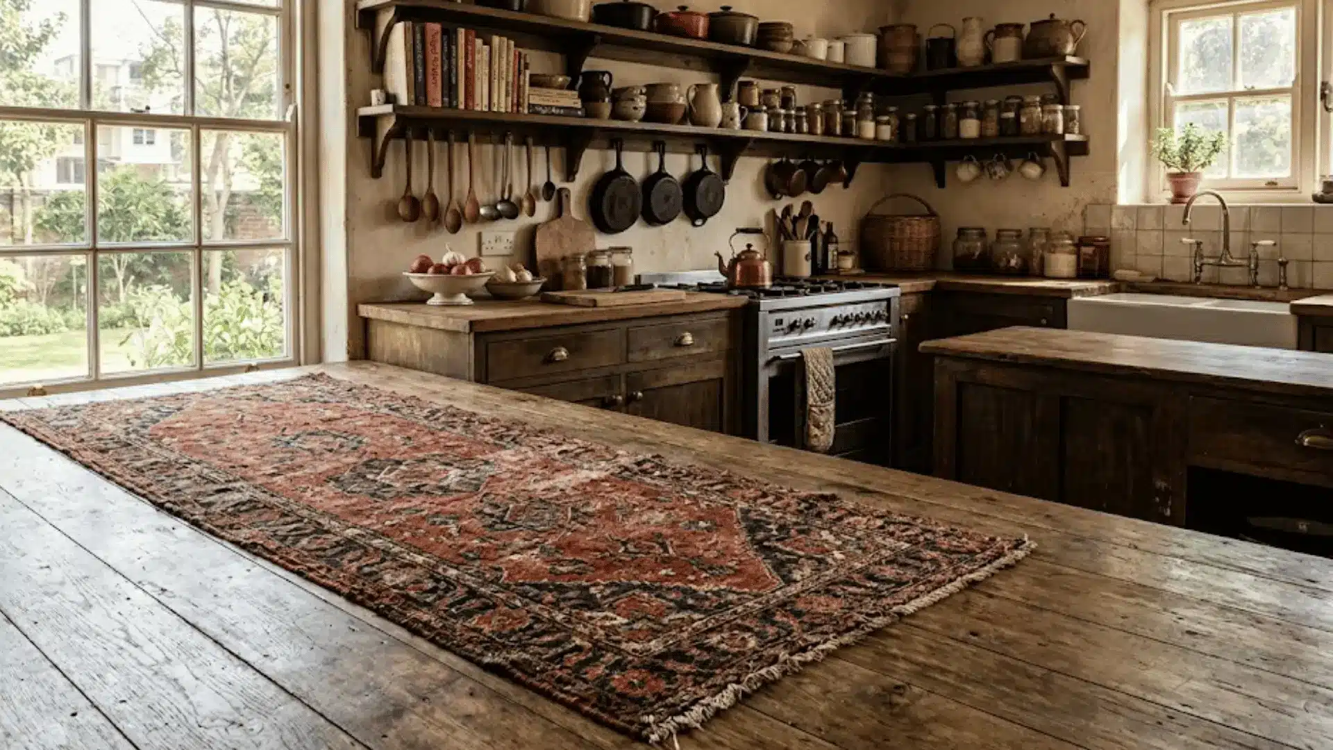 vintage patterned runner rug on a scuffed wood floor in a natural, earthy kitchen