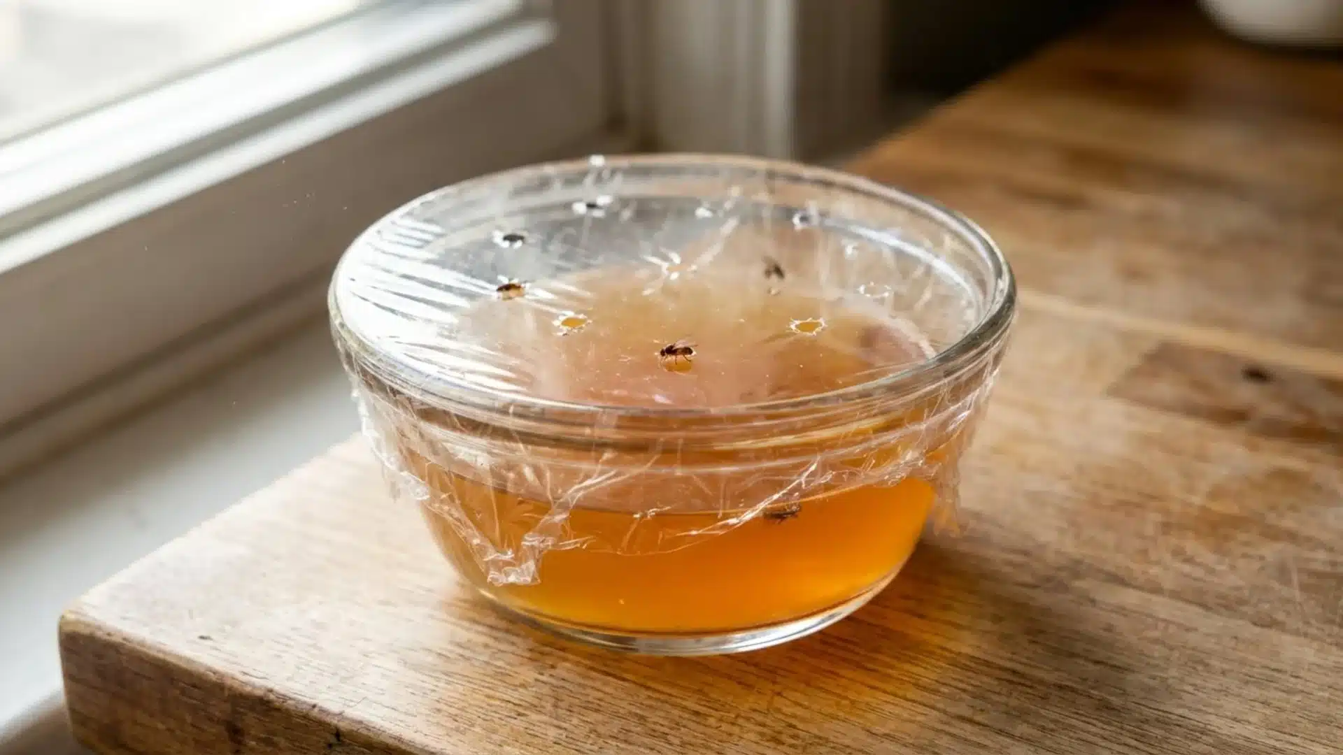 glass bowl of apple cider vinegar trap covered with plastic wrap attracting fruit flies on wooden kitchen slab