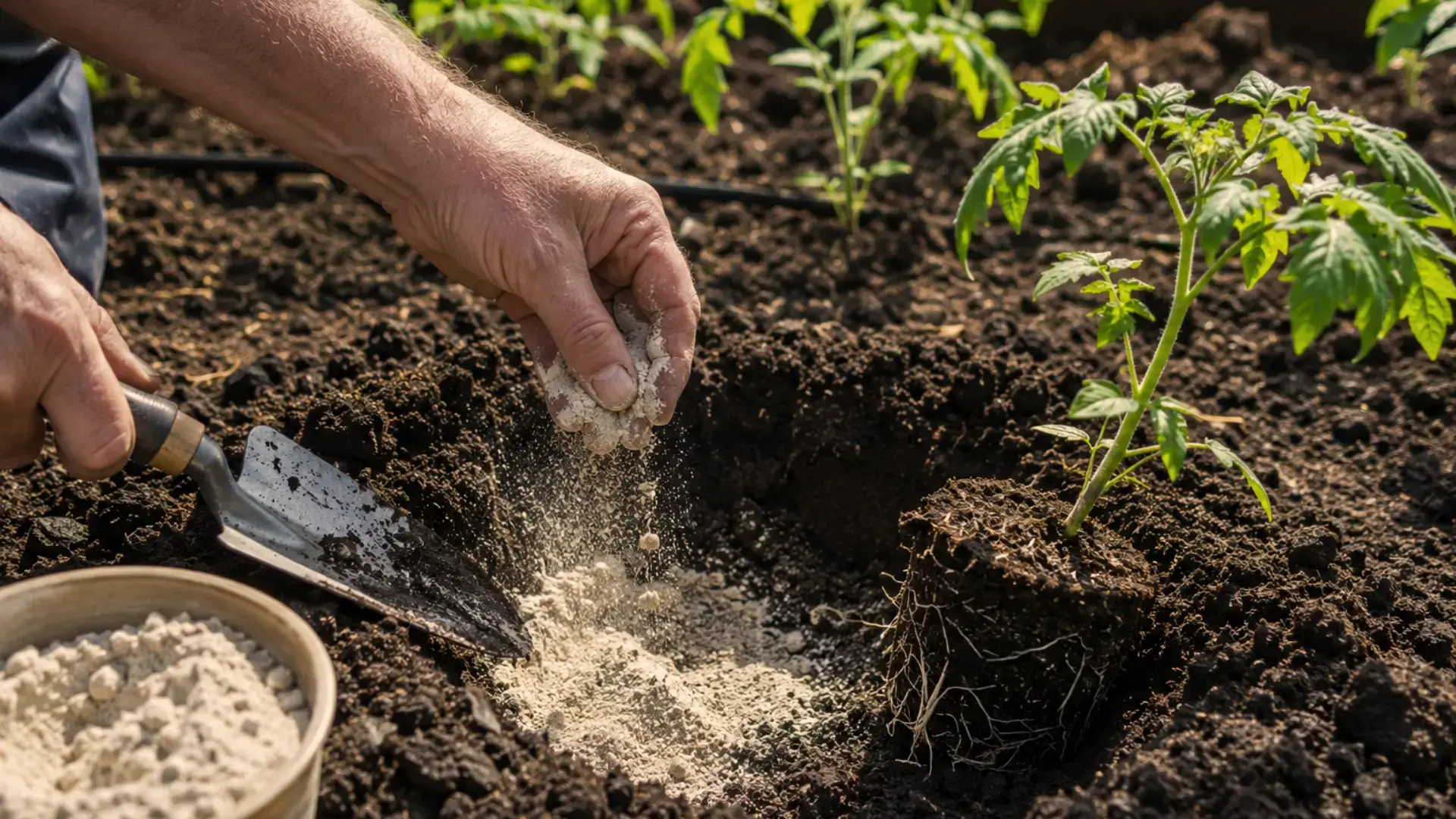 bone meal powder being sprinkled into a planting hole beside a tomato seedling with a trowel nearby