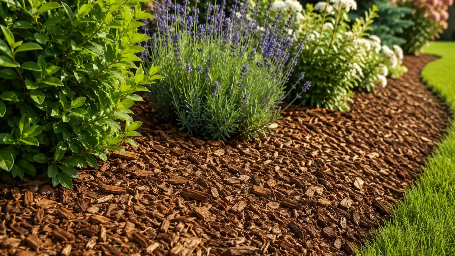 wood chip mulch spread around lavender, shrubs, and white flowering plants in a neat garden border