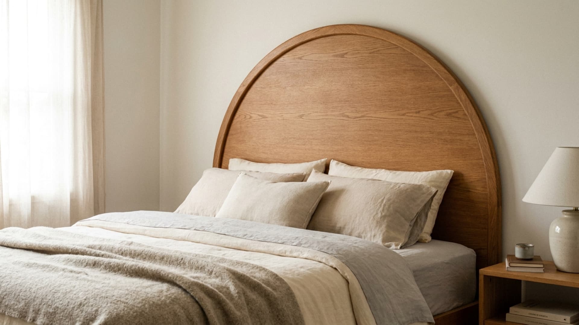 arched panel headboard with a rounded top behind a bed