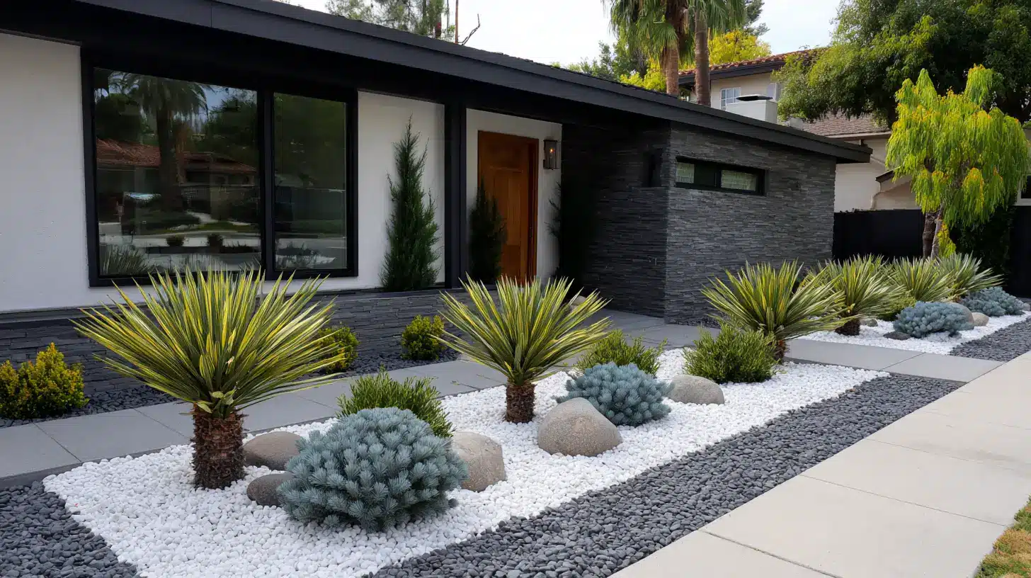 structured architectural bed with evenly spaced yucca and dwarf spruce against a modern home