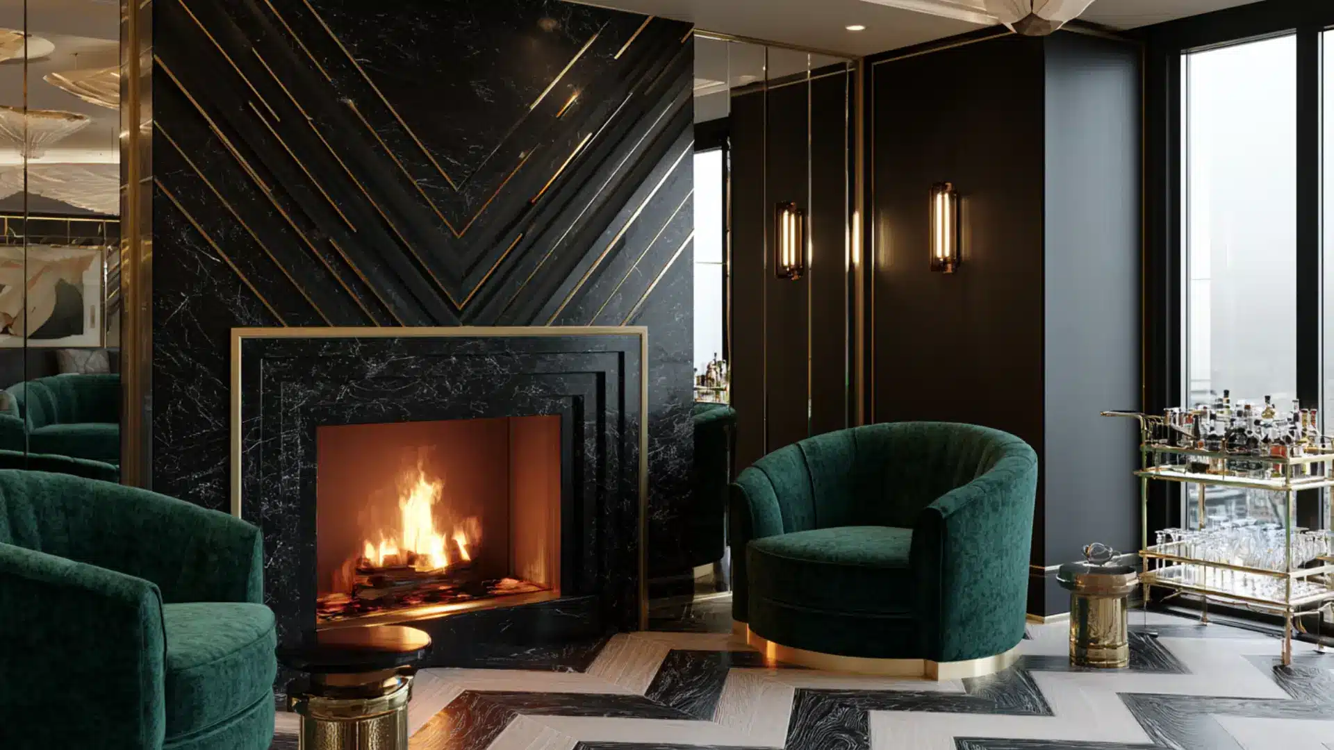 art deco living room with emerald velvet chairs black marble fireplace gold inlay wall panels and bar cart