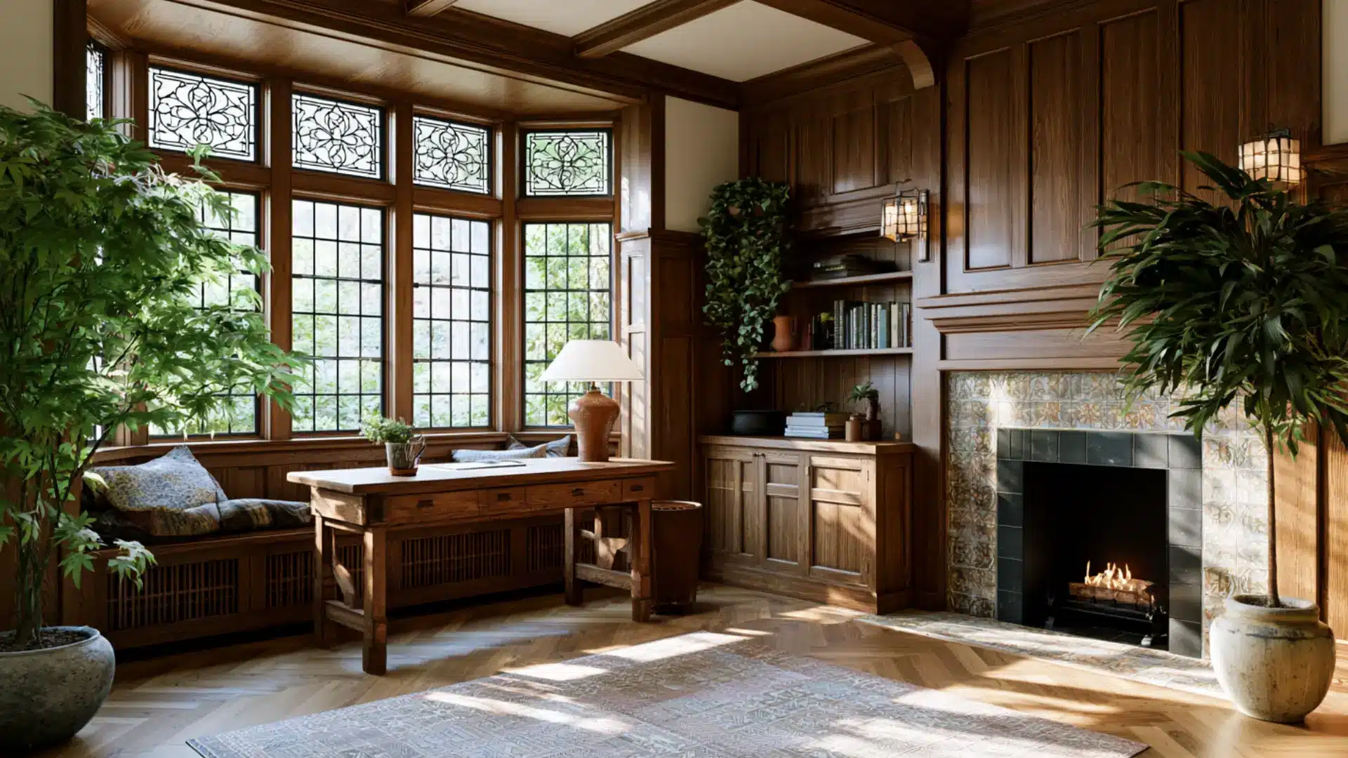 arts and crafts style room with dark wood paneling tiled fireplace built-in shelves and leaded windows