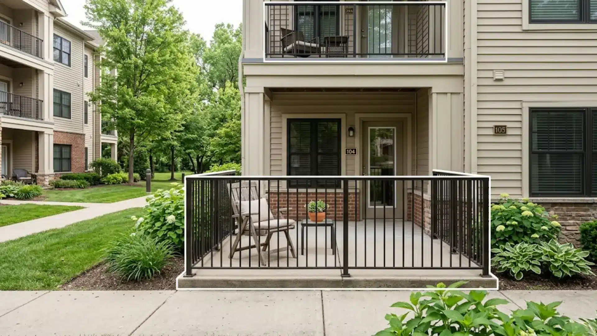 apartment balcony and patio outlined in white overlooking landscaped grounds