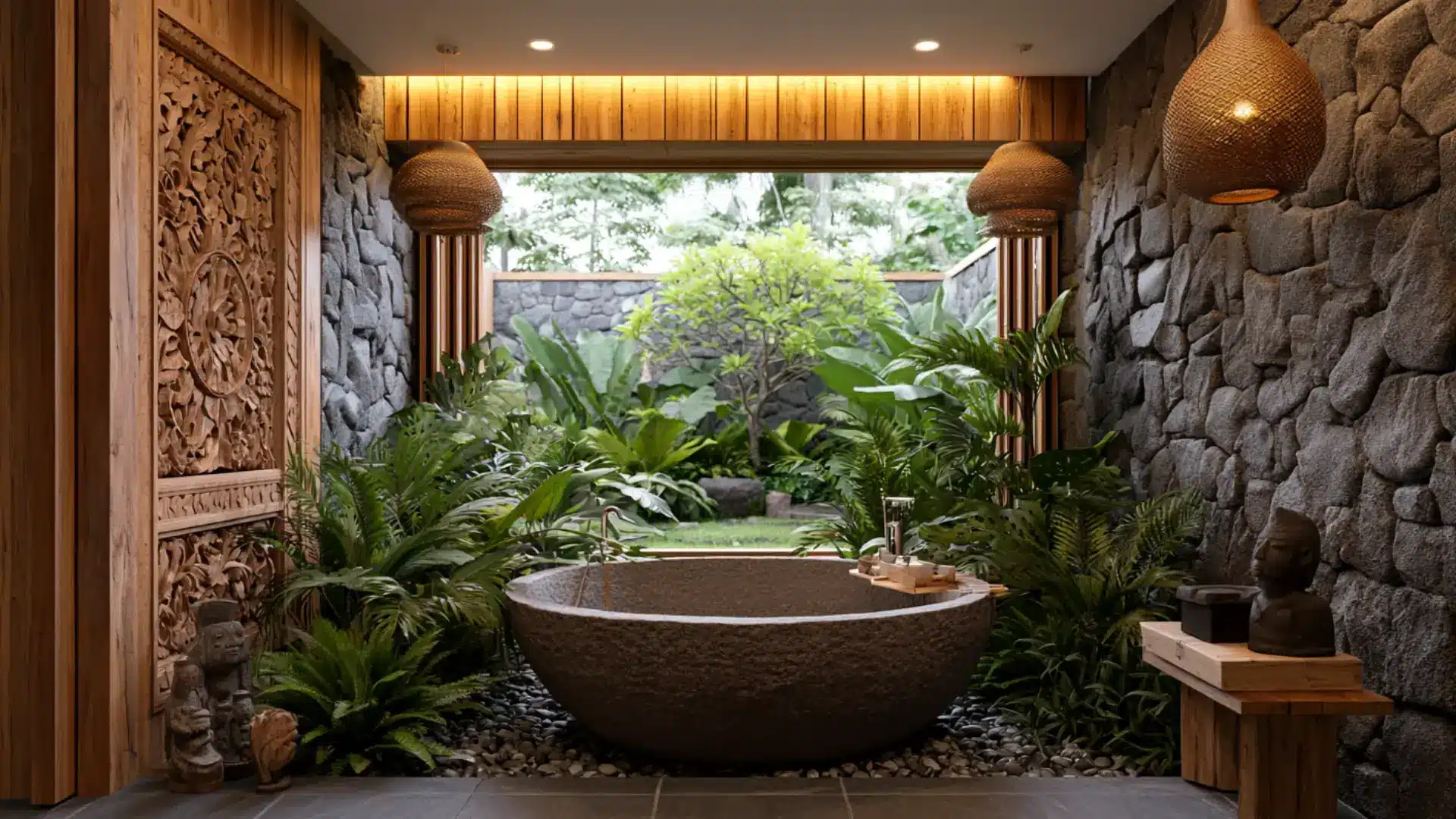 balinese bathroom with stone soaking tub carved wood panels lush tropical plants and open garden view