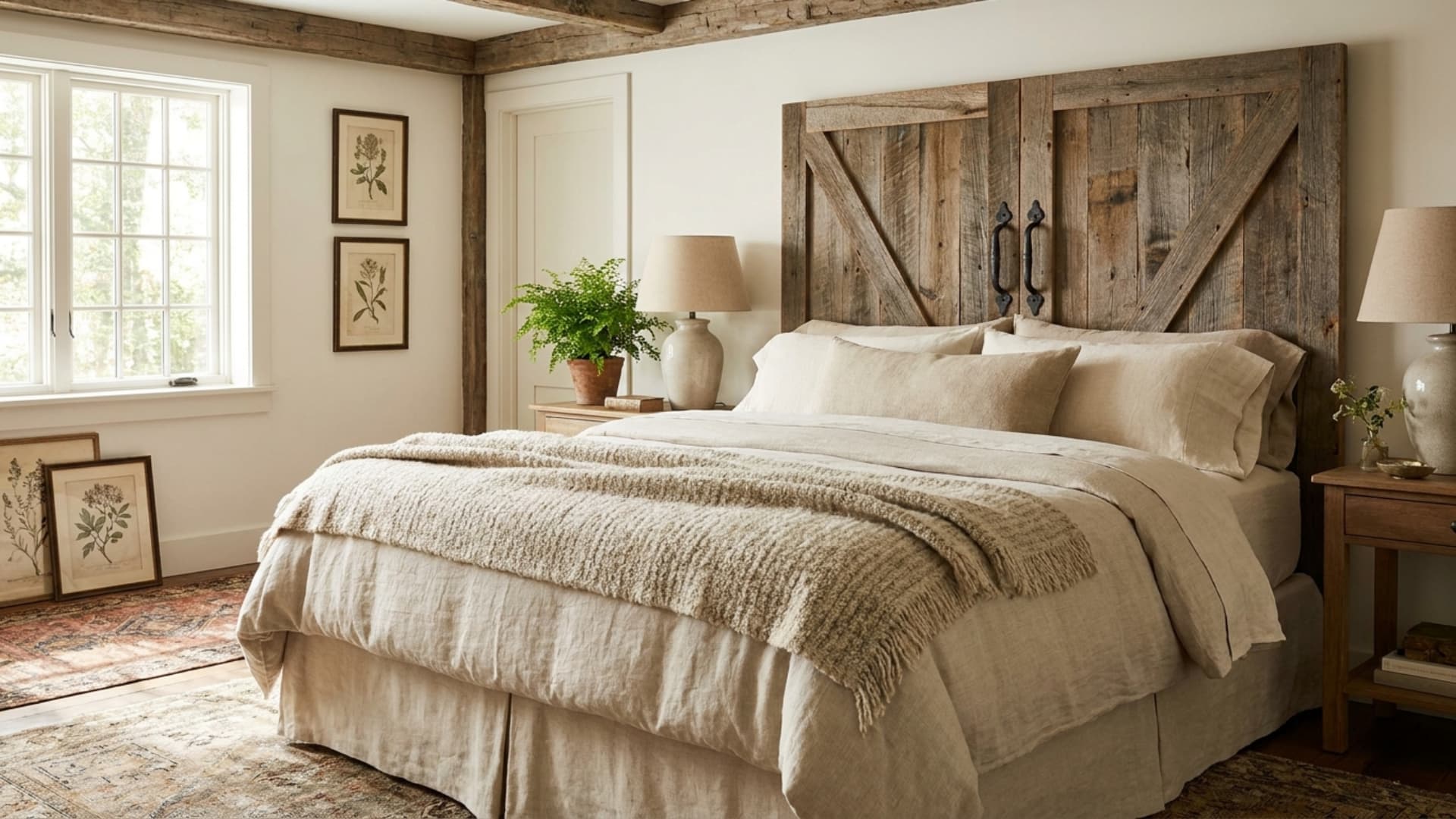 barn door style wood headboard with black handles behind a bed