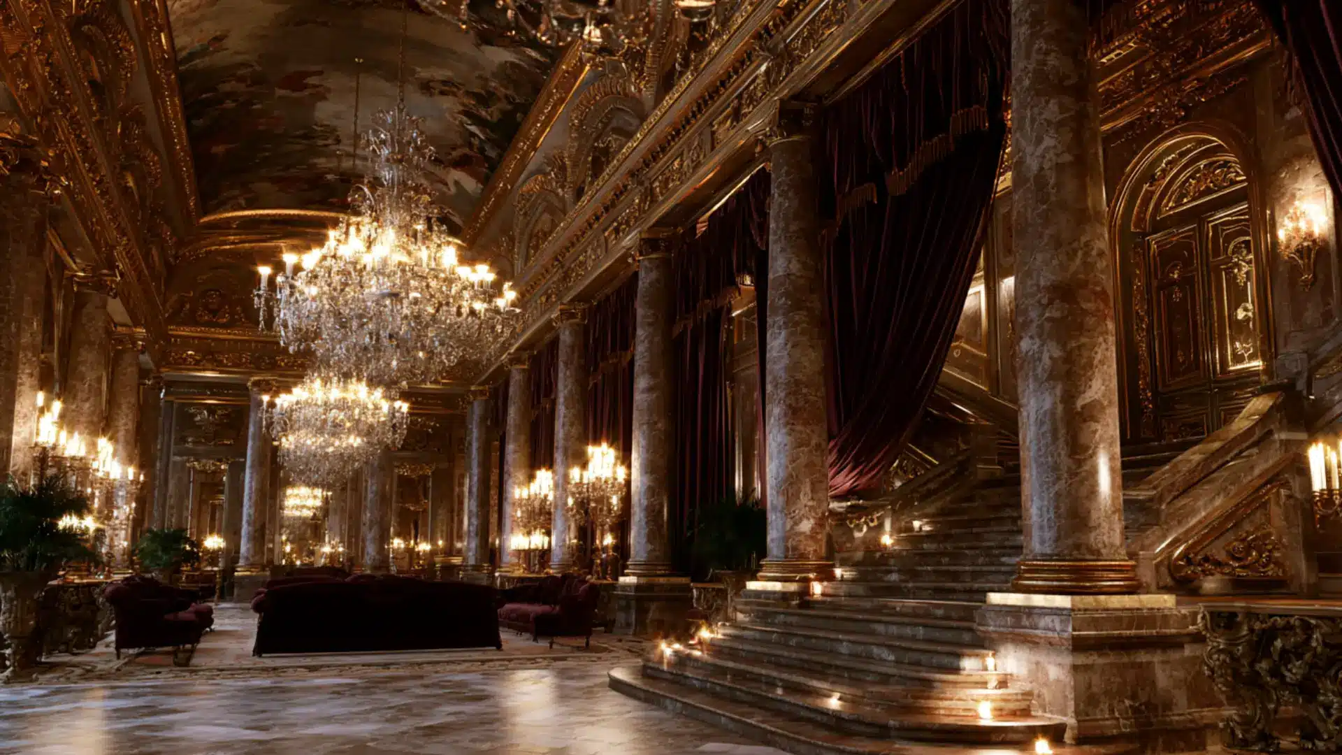baroque grand hall with crystal chandeliers marble columns gilded ceiling murals and burgundy velvet drapes