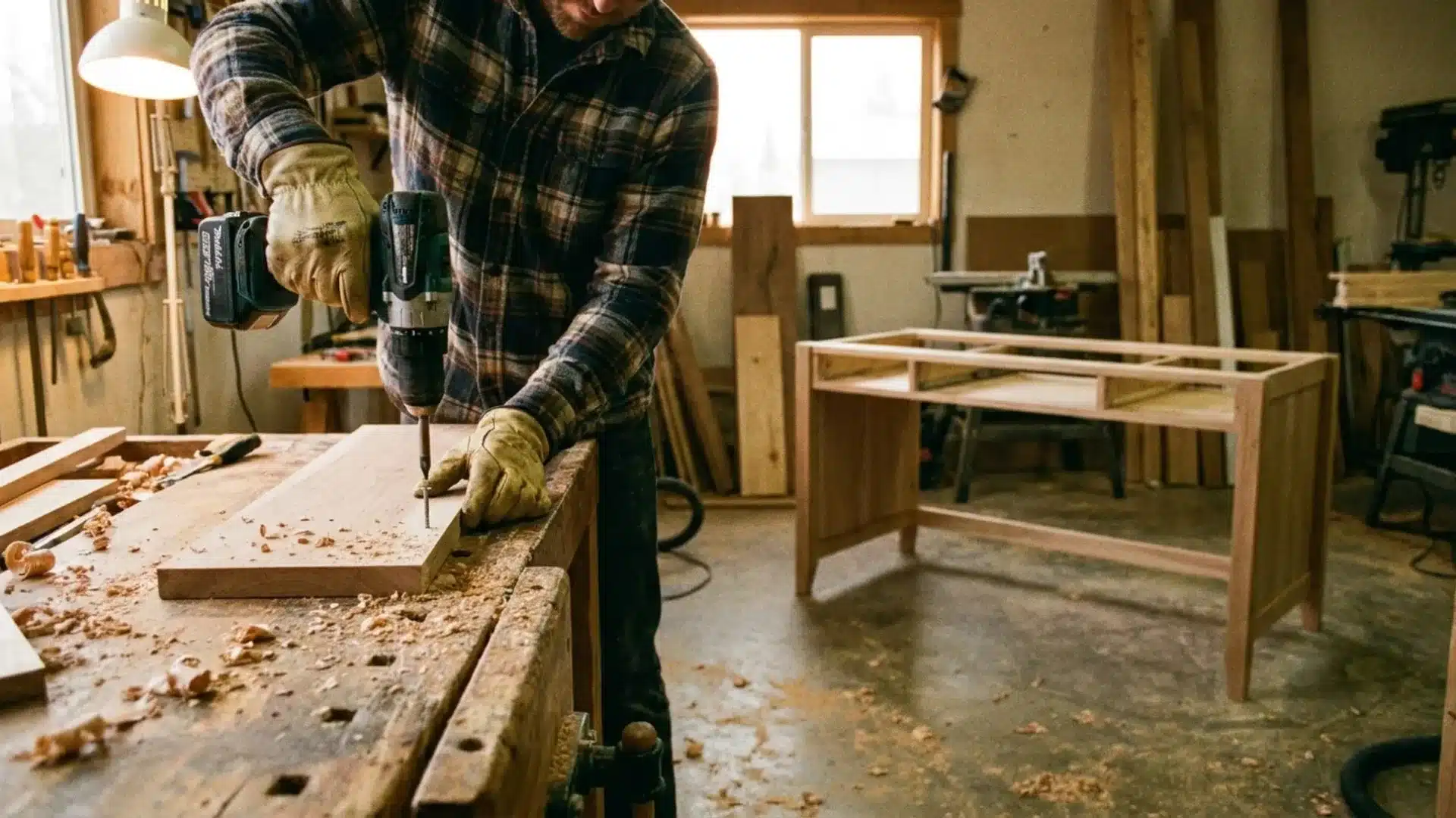 man in a plaid shirt drilling into wood on a workbench with a partially built desk frame in the background