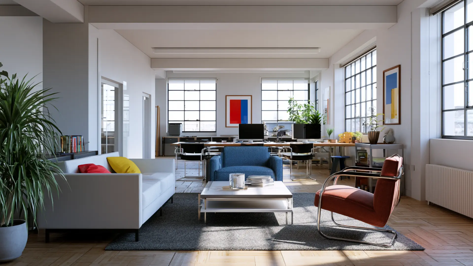 bauhaus loft with tubular steel chairs primary color accents white sofa and industrial grid windows