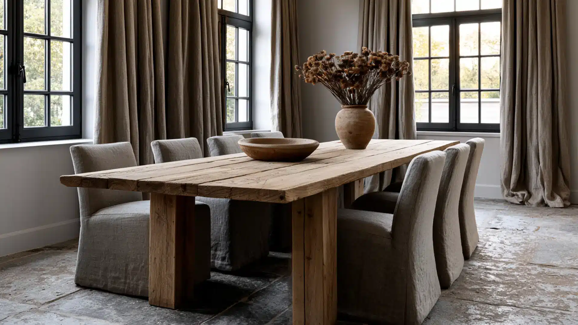 belgian style dining room with reclaimed wood table linen slipcovered chairs dried floral arrangement and stone floor