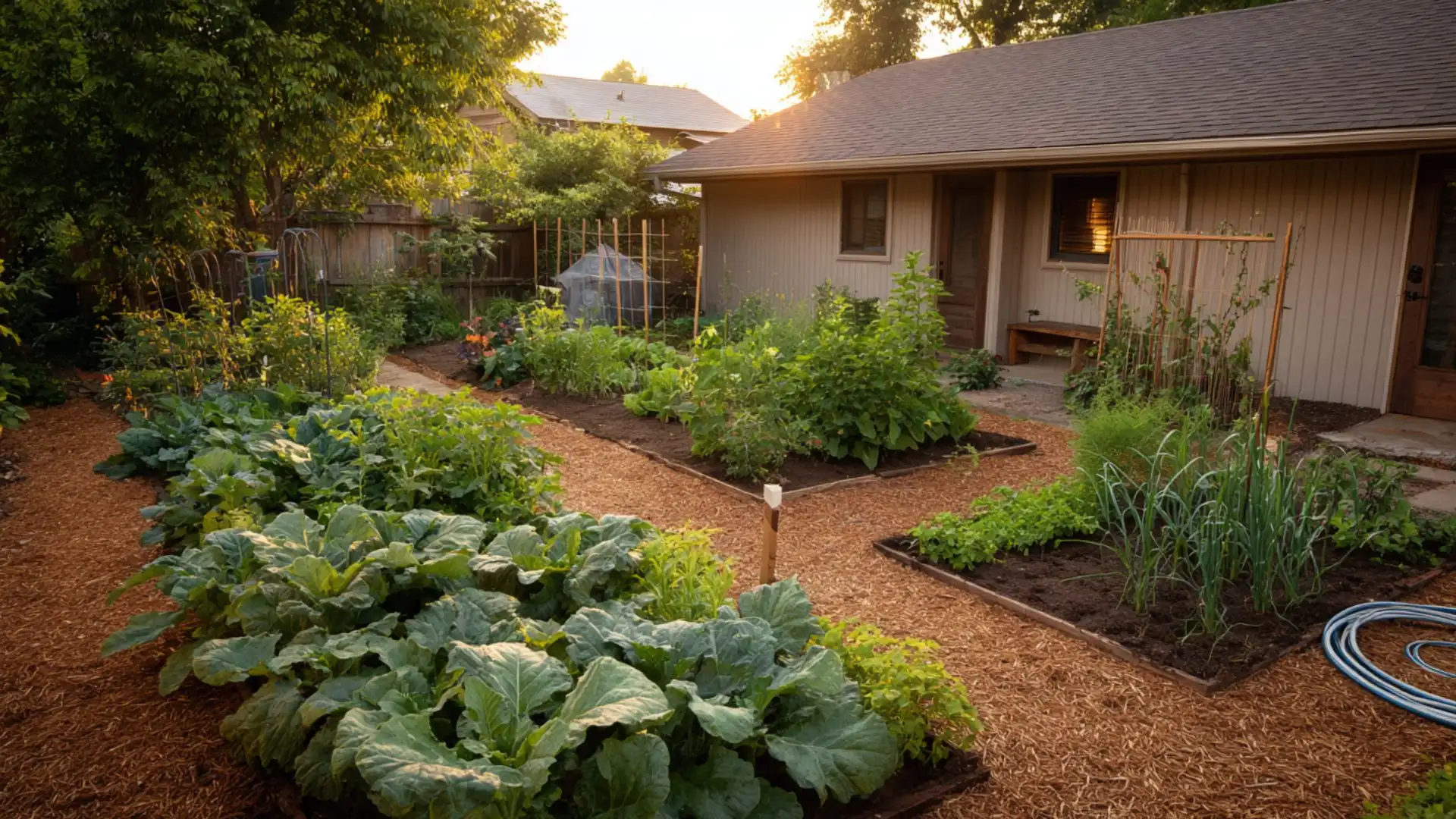 lush garden filled with various plants and vegetables growing in neat rows under bright sunligh